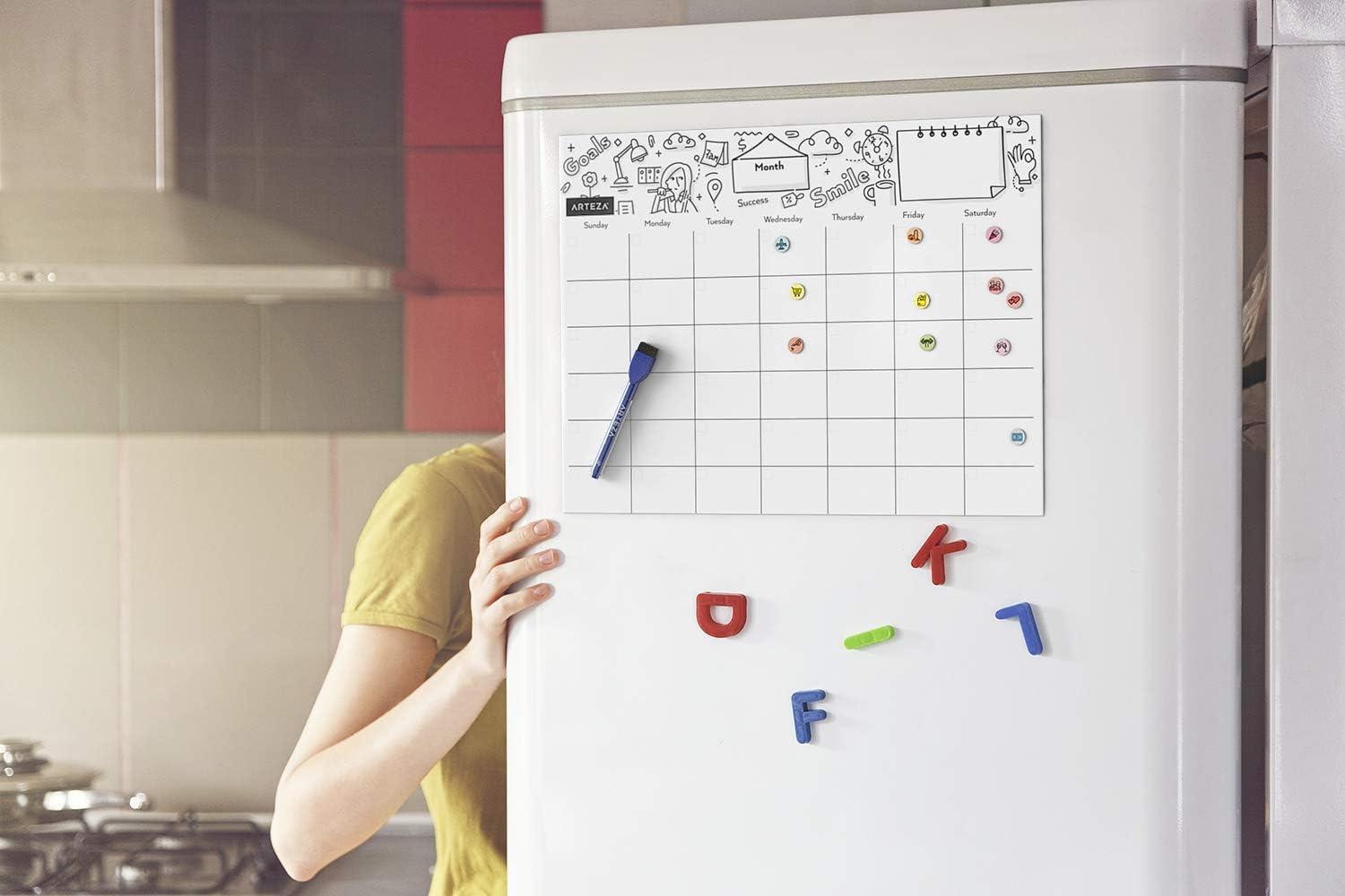 ARTEZA Dry Erase Magnetic Weekly Calendar Set (17×12 Inch), with 12 Whiteboard Markers, 30 Magnets, 2 Erasers, Organizer, Kitchen Planner Chart for Refrigerator, Fridge(13″W x 17″H)
