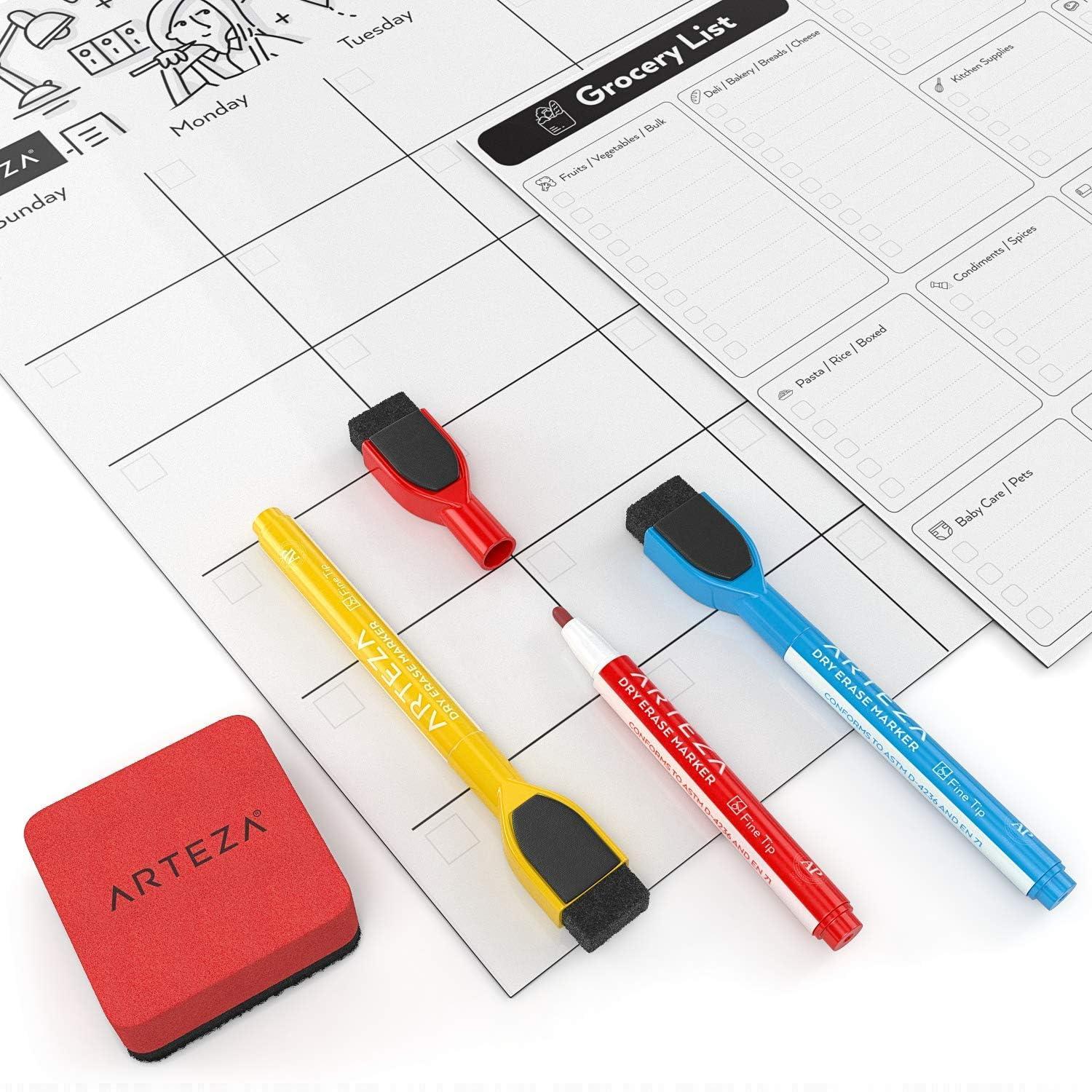 ARTEZA Dry Erase Magnetic Weekly Calendar Set (17×12 Inch), with 12 Whiteboard Markers, 30 Magnets, 2 Erasers, Organizer, Kitchen Planner Chart for Refrigerator, Fridge(13″W x 17″H)