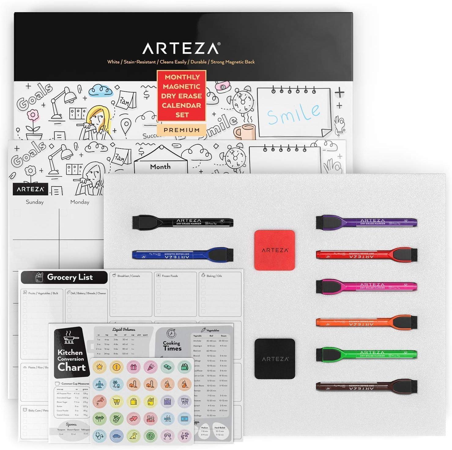 ARTEZA Dry Erase Magnetic Weekly Calendar Set (17×12 Inch), with 12 Whiteboard Markers, 30 Magnets, 2 Erasers, Organizer, Kitchen Planner Chart for Refrigerator, Fridge(13″W x 17″H)