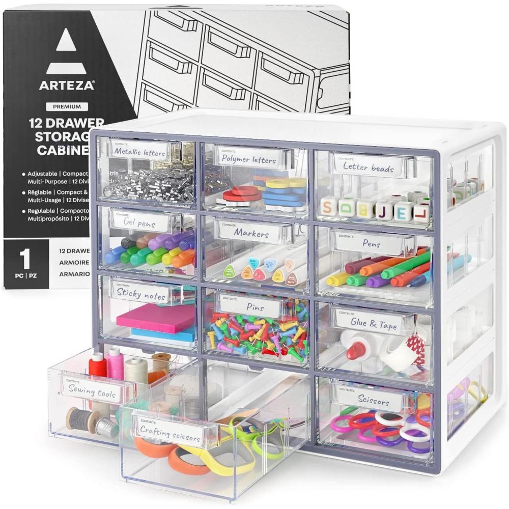 ARTEZA 20 Drawer Organizer and Storage Cabinet – Clear Plastic, Stackable Drawers for Makeup, Crafts, Sewing, Office Supplies, Small Parts & Tools(12 Cabinet)