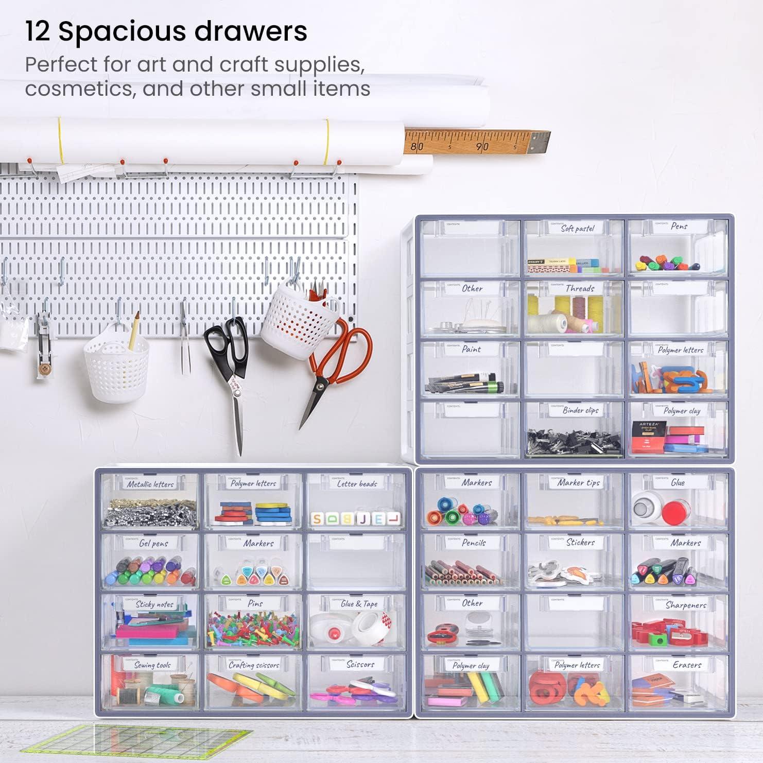 ARTEZA 20 Drawer Organizer and Storage Cabinet – Clear Plastic, Stackable Drawers for Makeup, Crafts, Sewing, Office Supplies, Small Parts & Tools(12 Cabinet)