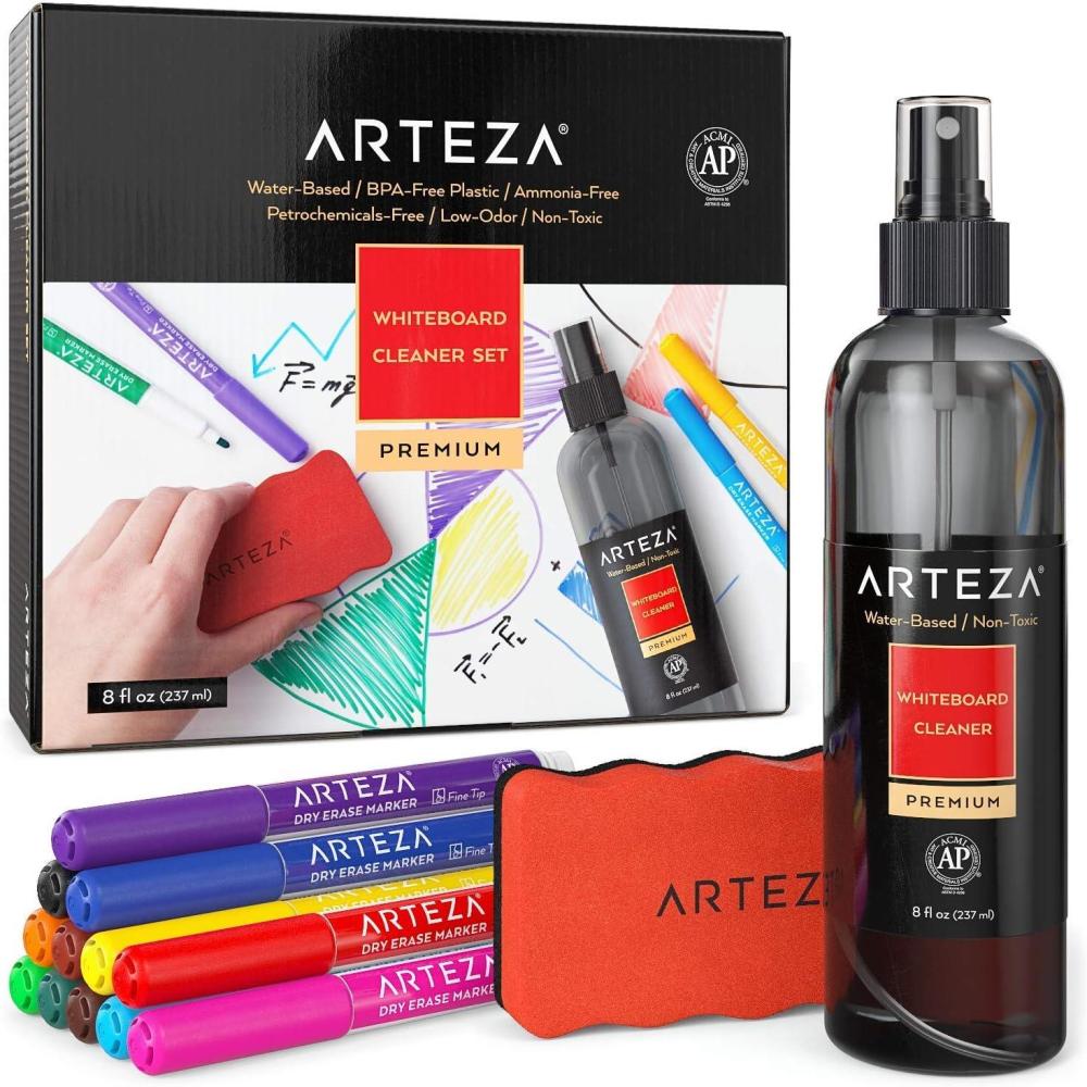 ARTEZA Whiteboard Cleaner Set with 12 Fine Tip Dry Erase Markers, Magnetic Eraser & an 8-ounce Cleaner, Office Supplies for Whiteboards, Glass Boards(14)
