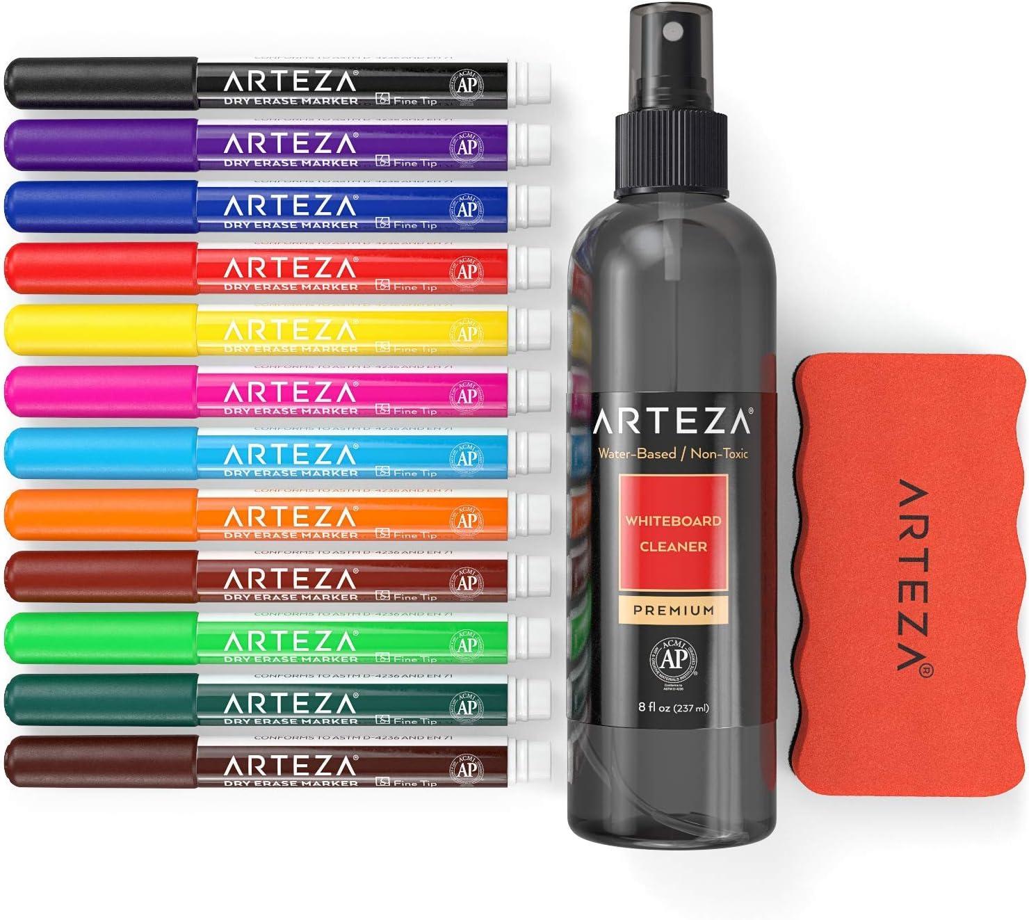 ARTEZA Whiteboard Cleaner Set with 12 Fine Tip Dry Erase Markers, Magnetic Eraser & an 8-ounce Cleaner, Office Supplies for Whiteboards, Glass Boards(14)