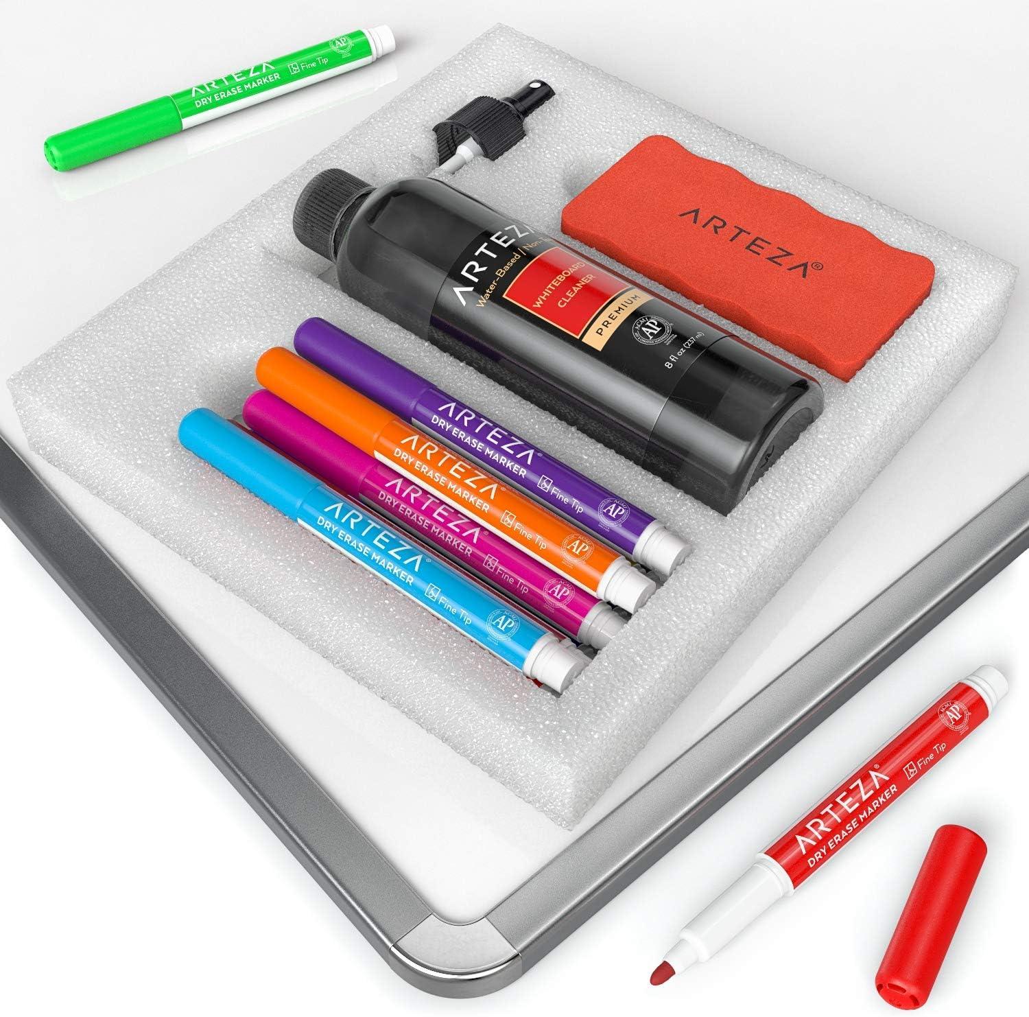 ARTEZA Whiteboard Cleaner Set with 12 Fine Tip Dry Erase Markers, Magnetic Eraser & an 8-ounce Cleaner, Office Supplies for Whiteboards, Glass Boards(14)