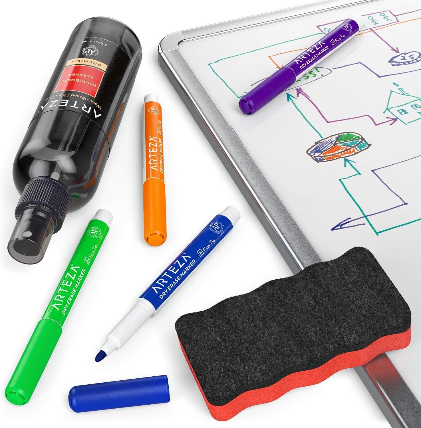 ARTEZA Whiteboard Cleaner Set with 12 Fine Tip Dry Erase Markers, Magnetic Eraser & an 8-ounce Cleaner, Office Supplies for Whiteboards, Glass Boards(14)