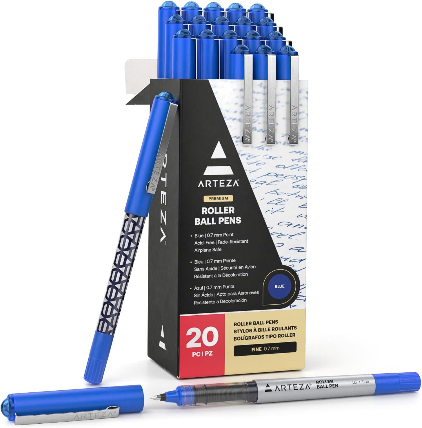 ARTEZA Rollerball Pens, Pack of 20 – Blue Liquid Ink Pens with 0.7 mm Fine Point for Note-Taking, Bullet Journaling, Office & School Writing Tasks(Blue)