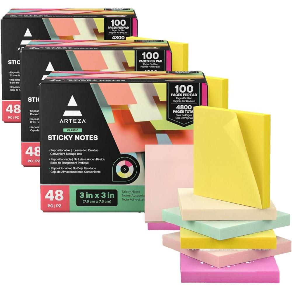 ARTEZA Sticky Notes 3×3 inches, 48 Sticky Pads, Bulk Sticky Note Pads, Assorted Multicolor Self-Adhesive Notes(144 Pack)