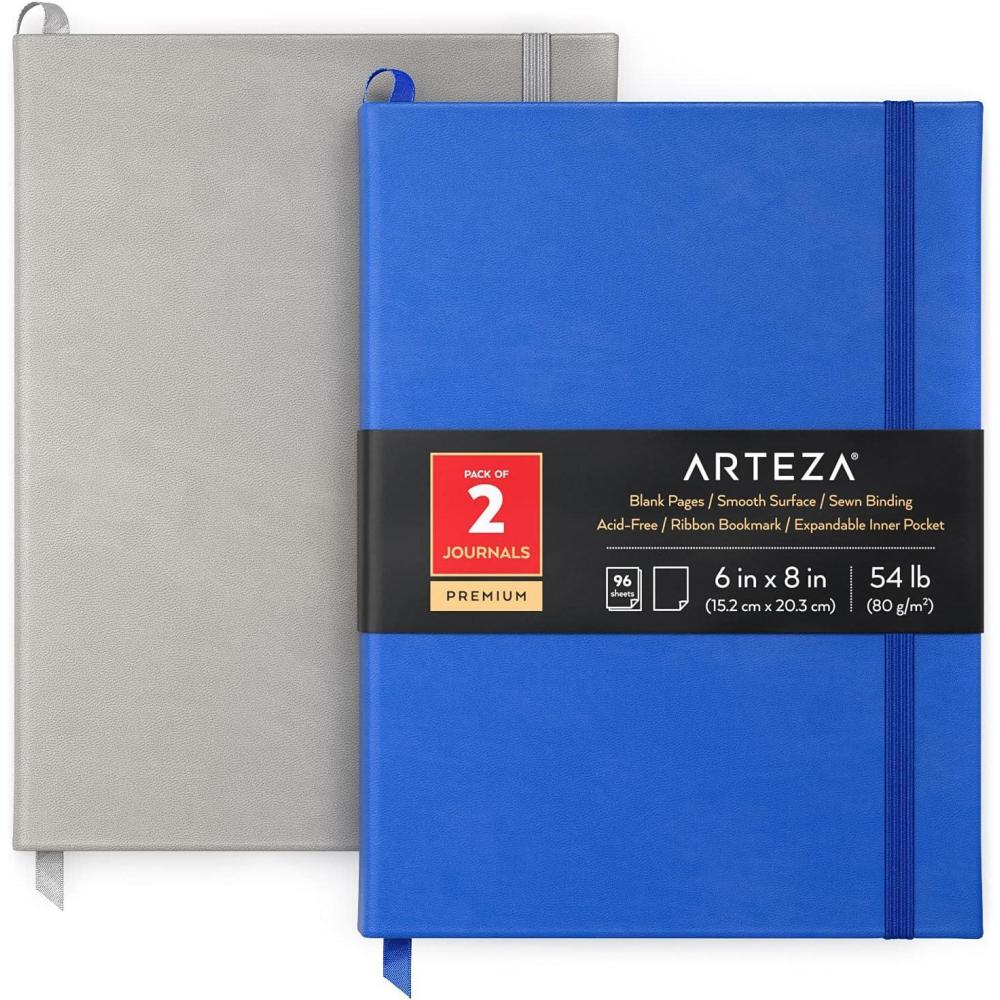 Arteza Journal Blank Page Notebooks, Pack of 2, 6 x 8 inches, 96 Sheets, Hunter Green and Saddle, Hardcover Notepads with Smooth Blank Paper for Writing, Journaling(Cobalt Blue & Gray)