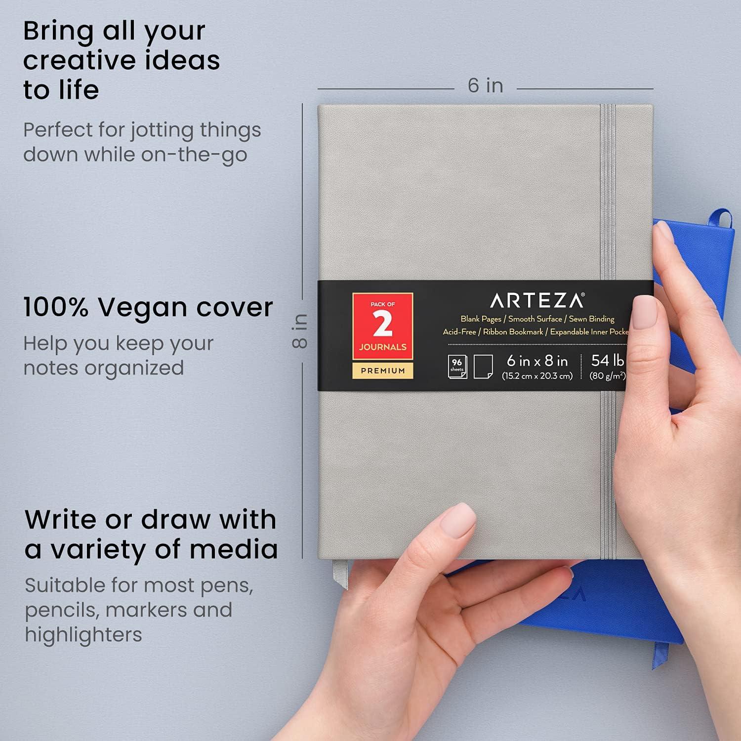 Arteza Journal Blank Page Notebooks, Pack of 2, 6 x 8 inches, 96 Sheets, Hunter Green and Saddle, Hardcover Notepads with Smooth Blank Paper for Writing, Journaling(Cobalt Blue & Gray)