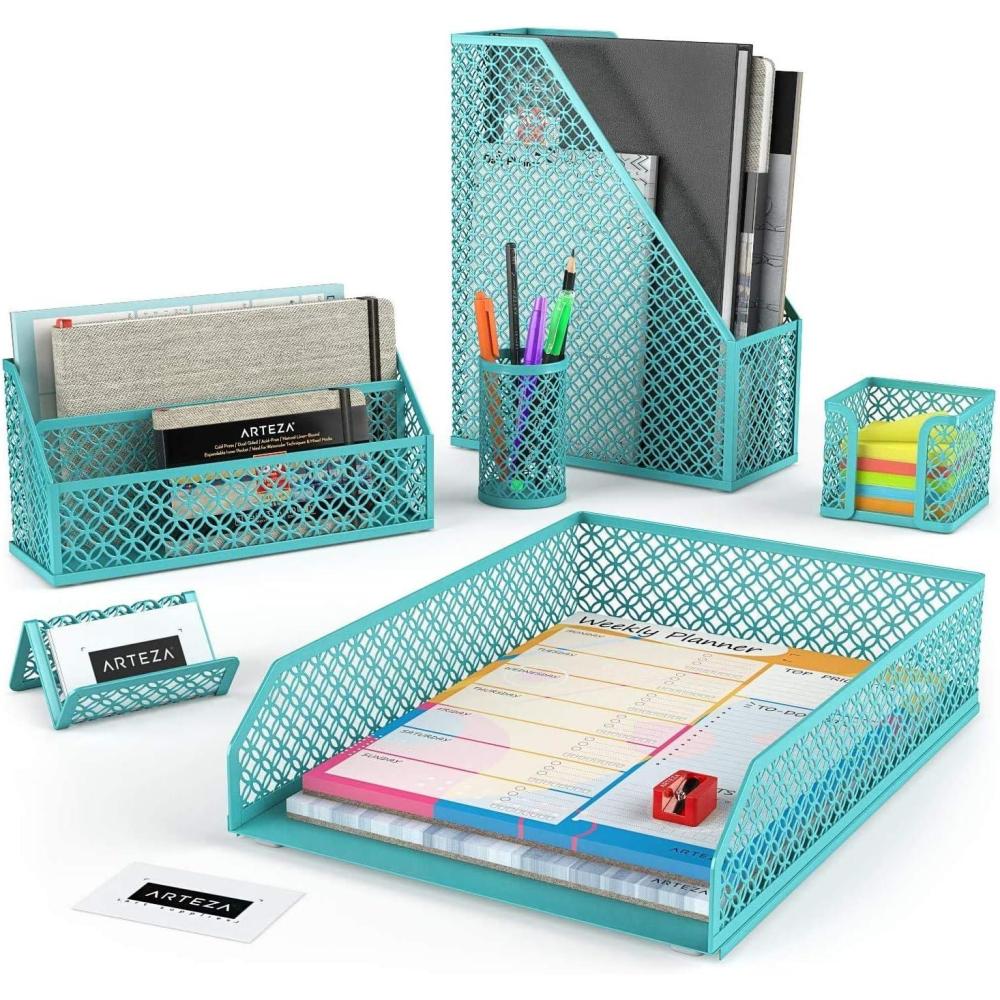 ARTEZA 6-Piece Teal Desk Accessories Set, Essential Desktop Organizer for Home Office, Includes Paper Organizer, Pencil Holder, Letter Sorter & More, Teal Office Supplies(Tiffany Blue)