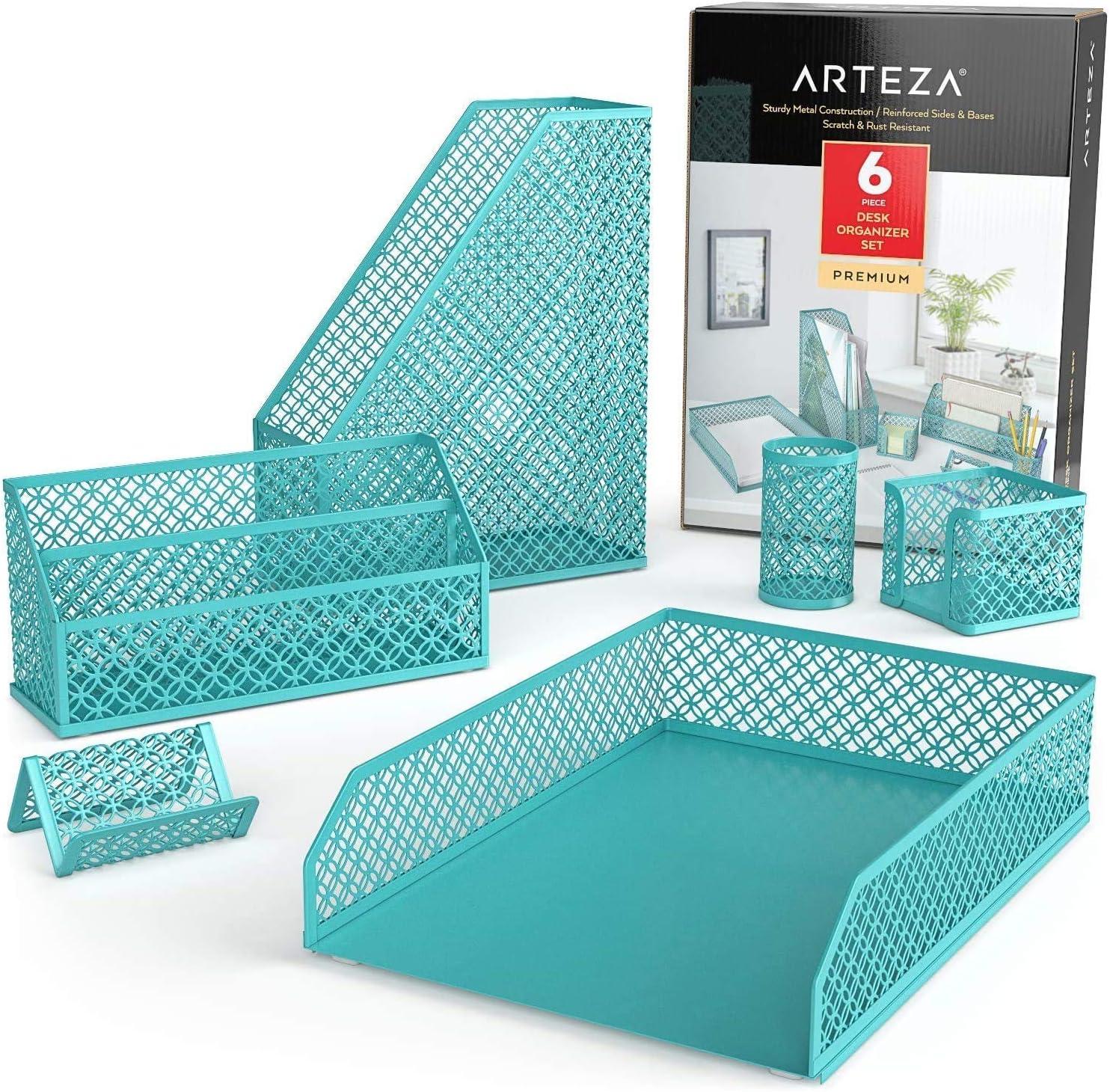 ARTEZA 6-Piece Teal Desk Accessories Set, Essential Desktop Organizer for Home Office, Includes Paper Organizer, Pencil Holder, Letter Sorter & More, Teal Office Supplies(Tiffany Blue)