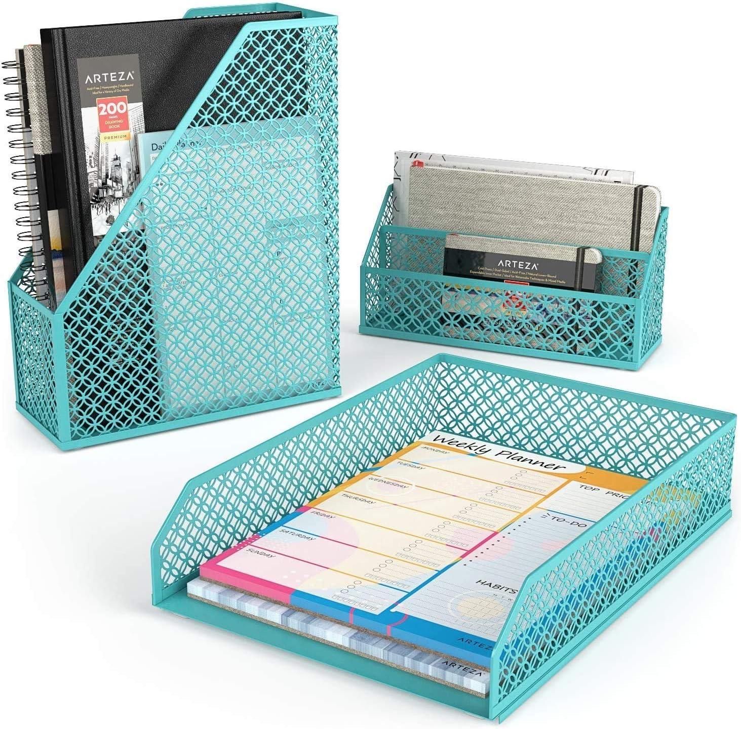 ARTEZA 6-Piece Teal Desk Accessories Set, Essential Desktop Organizer for Home Office, Includes Paper Organizer, Pencil Holder, Letter Sorter & More, Teal Office Supplies(Tiffany Blue)