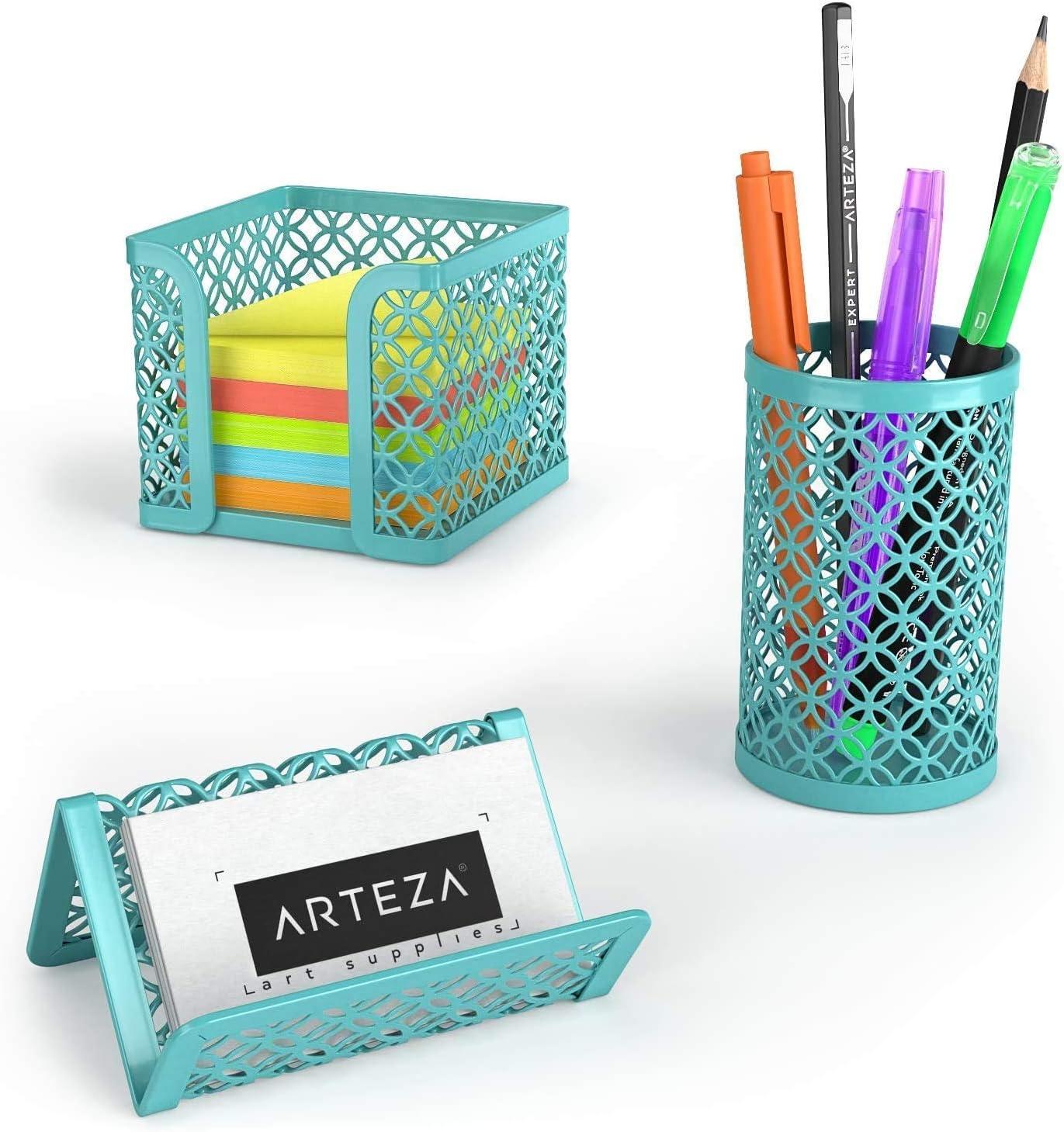 ARTEZA 6-Piece Teal Desk Accessories Set, Essential Desktop Organizer for Home Office, Includes Paper Organizer, Pencil Holder, Letter Sorter & More, Teal Office Supplies(Tiffany Blue)
