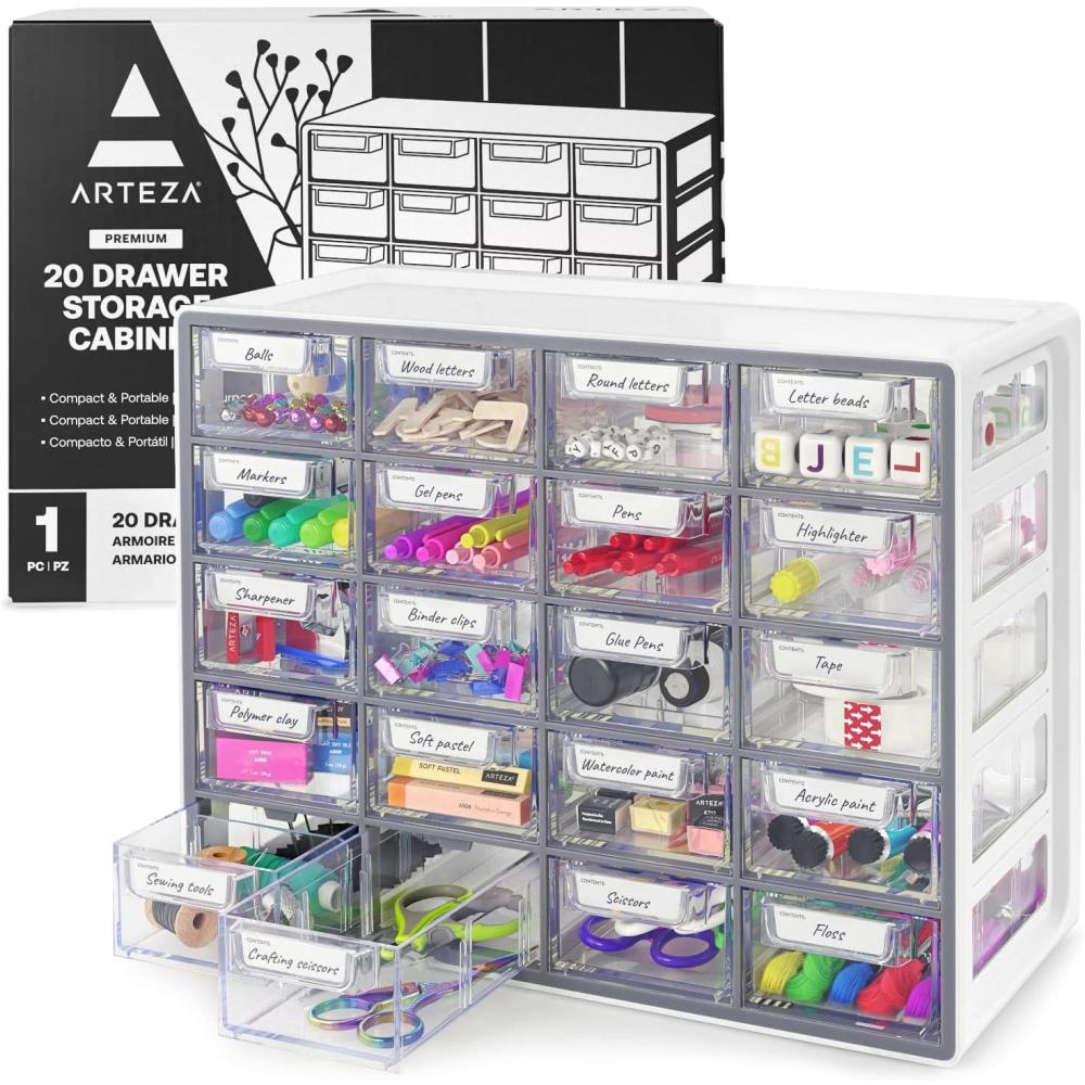 ARTEZA 20 Drawer Organizer and Storage Cabinet – Clear Plastic, Stackable Drawers for Makeup, Crafts, Sewing, Office Supplies, Small Parts & Tools(20 Cabinet)