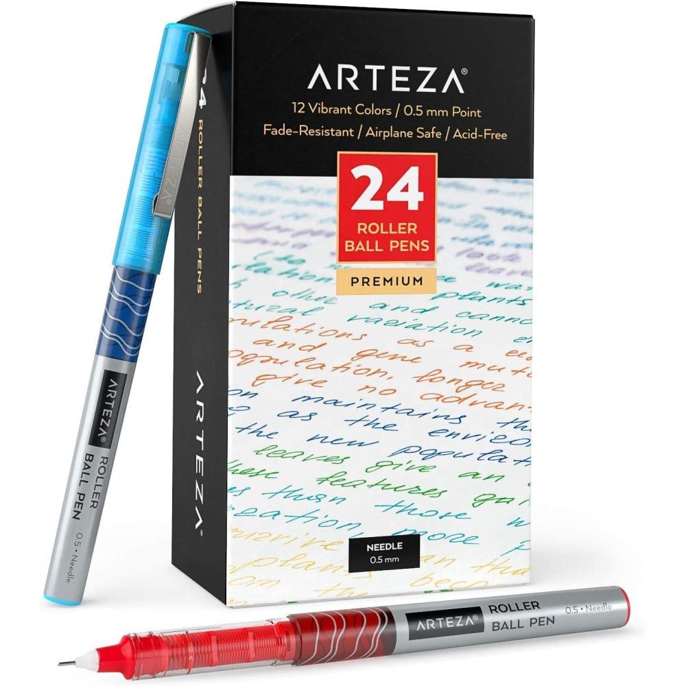 ARTEZA Rollerball Pens Fine Point, Set of 20 Blue Liquid Ink, Extra Fine 0.5 mm Needle Tip Pen, Make Precise Lines, Office Supplies for Writing, Notetaking, and Drawing(Multicolor)