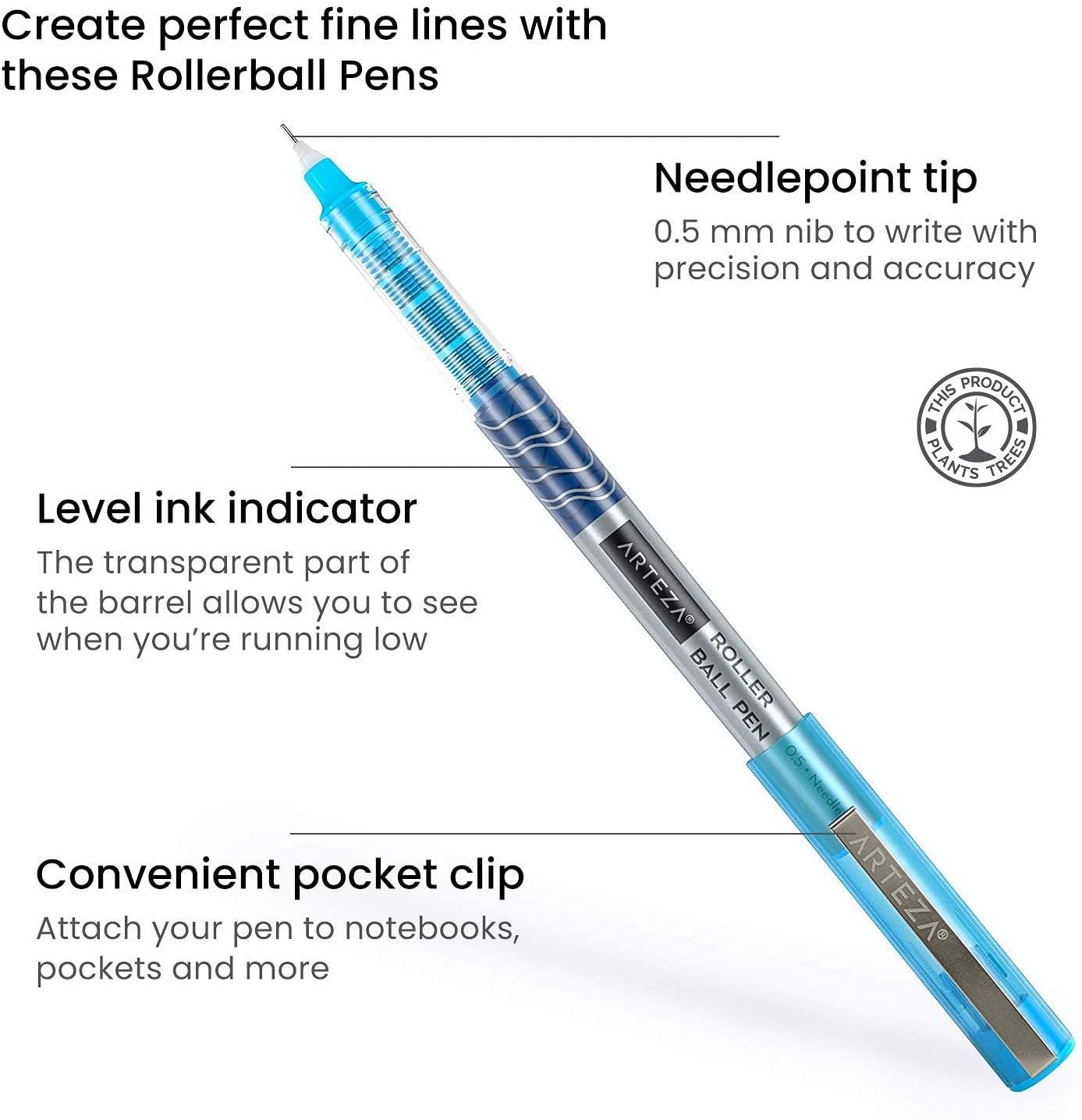 ARTEZA Rollerball Pens Fine Point, Set of 20 Blue Liquid Ink, Extra Fine 0.5 mm Needle Tip Pen, Make Precise Lines, Office Supplies for Writing, Notetaking, and Drawing(Multicolor)