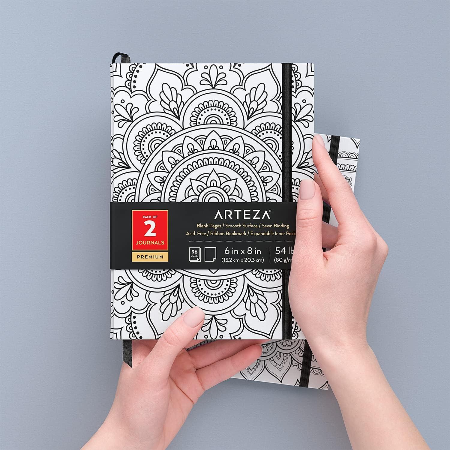 Arteza Journal Blank Page Notebooks, Pack of 2, 6 x 8 inches, 96 Sheets, Hunter Green and Saddle, Hardcover Notepads with Smooth Blank Paper for Writing, Journaling(Mandala)