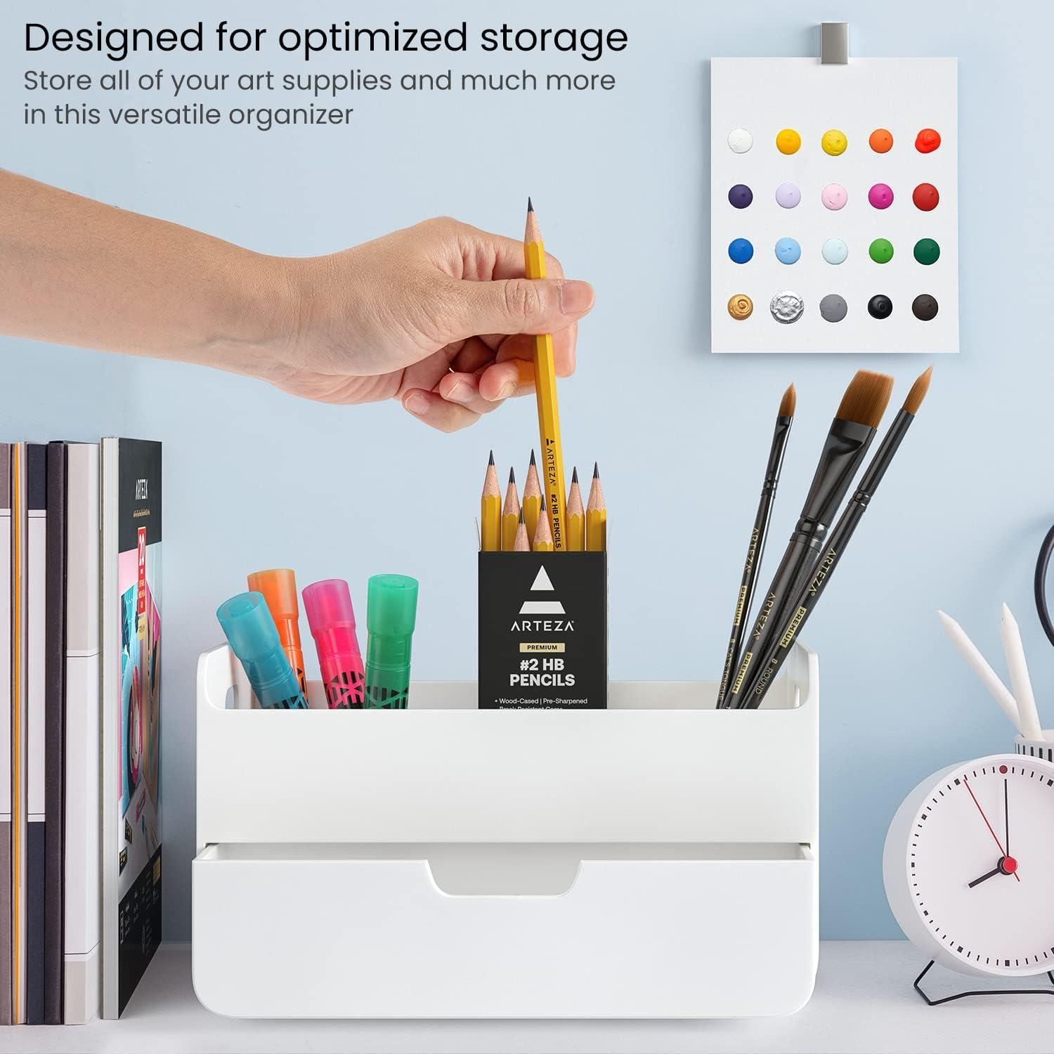 ARTEZA Desktop Storage Rack with Divider – 3 Drawers for Art and Office Supplies, Pencil Holder Organizer for Desk, 11.57 x 8.43 x 8.5 in, Cool Gray(4-Compartment & 1 Drawer)