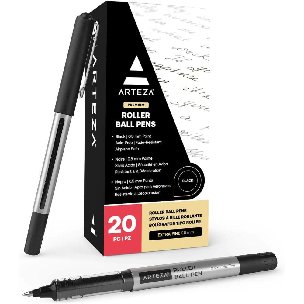 ARTEZA Rollerball Pens, Pack of 20 – Blue Liquid Ink Pens with 0.7 mm Fine Point for Note-Taking, Bullet Journaling, Office & School Writing Tasks(Black)