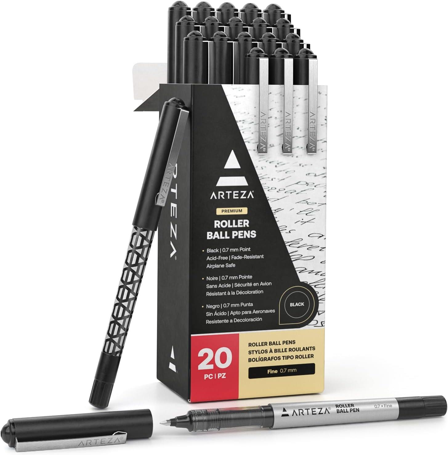 ARTEZA Rollerball Pens, Pack of 20 – Blue Liquid Ink Pens with 0.7 mm Fine Point for Note-Taking, Bullet Journaling, Office & School Writing Tasks(Black)