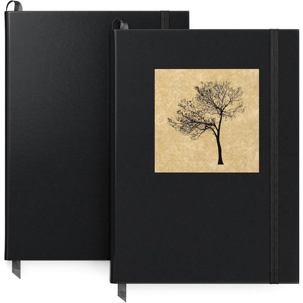 Arteza Journal Blank Page Notebooks, Pack of 2, 6 x 8 inches, 96 Sheets, Hunter Green and Saddle, Hardcover Notepads with Smooth Blank Paper for Writing, Journaling(Tree & Solid Black)