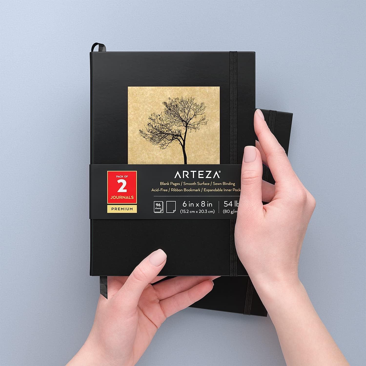 Arteza Journal Blank Page Notebooks, Pack of 2, 6 x 8 inches, 96 Sheets, Hunter Green and Saddle, Hardcover Notepads with Smooth Blank Paper for Writing, Journaling(Tree & Solid Black)