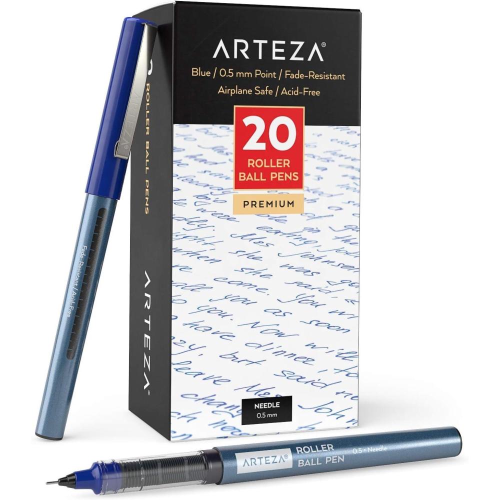 ARTEZA Rollerball Pens Fine Point, Set of 20 Blue Liquid Ink, Extra Fine 0.5 mm Needle Tip Pen, Make Precise Lines, Office Supplies for Writing, Notetaking, and Drawing(Blue)