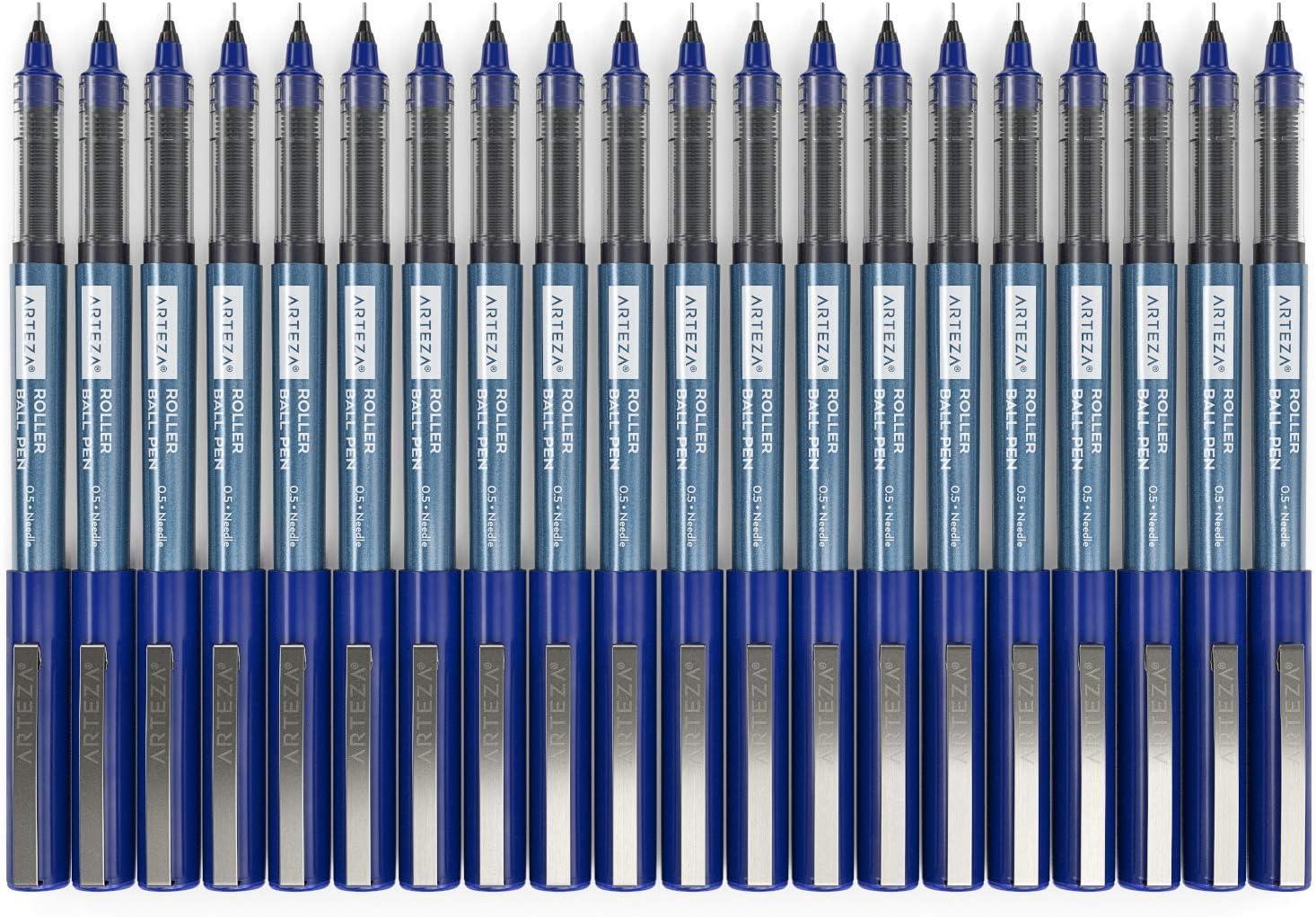 ARTEZA Rollerball Pens Fine Point, Set of 20 Blue Liquid Ink, Extra Fine 0.5 mm Needle Tip Pen, Make Precise Lines, Office Supplies for Writing, Notetaking, and Drawing(Blue)