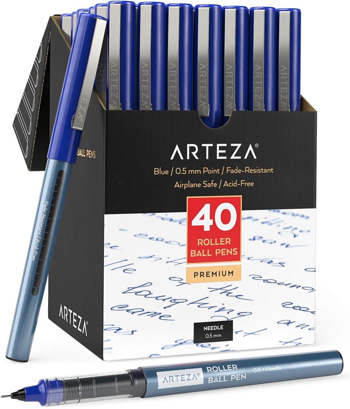ARTEZA Rollerball Pens Fine Point, Set of 20 Blue Liquid Ink, Extra Fine 0.5 mm Needle Tip Pen, Make Precise Lines, Office Supplies for Writing, Notetaking, and Drawing(Blue)