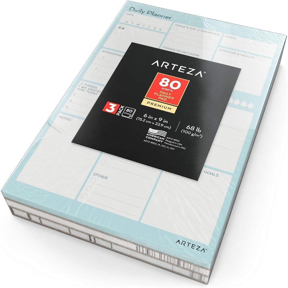 Arteza Daily Planner (6×9 in, 80 Sheets, 100 GSM) 3 Pack: a Daily to-Do List Planner for Priorities, Meals, Tasks, Calendar Appointments, Exercise, Events, Reminders, Thought for The Day
