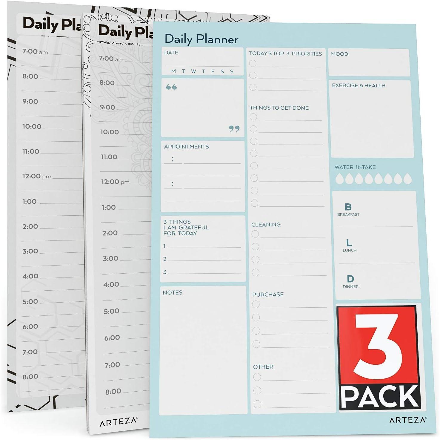Arteza Daily Planner (6×9 in, 80 Sheets, 100 GSM) 3 Pack: a Daily to-Do List Planner for Priorities, Meals, Tasks, Calendar Appointments, Exercise, Events, Reminders, Thought for The Day