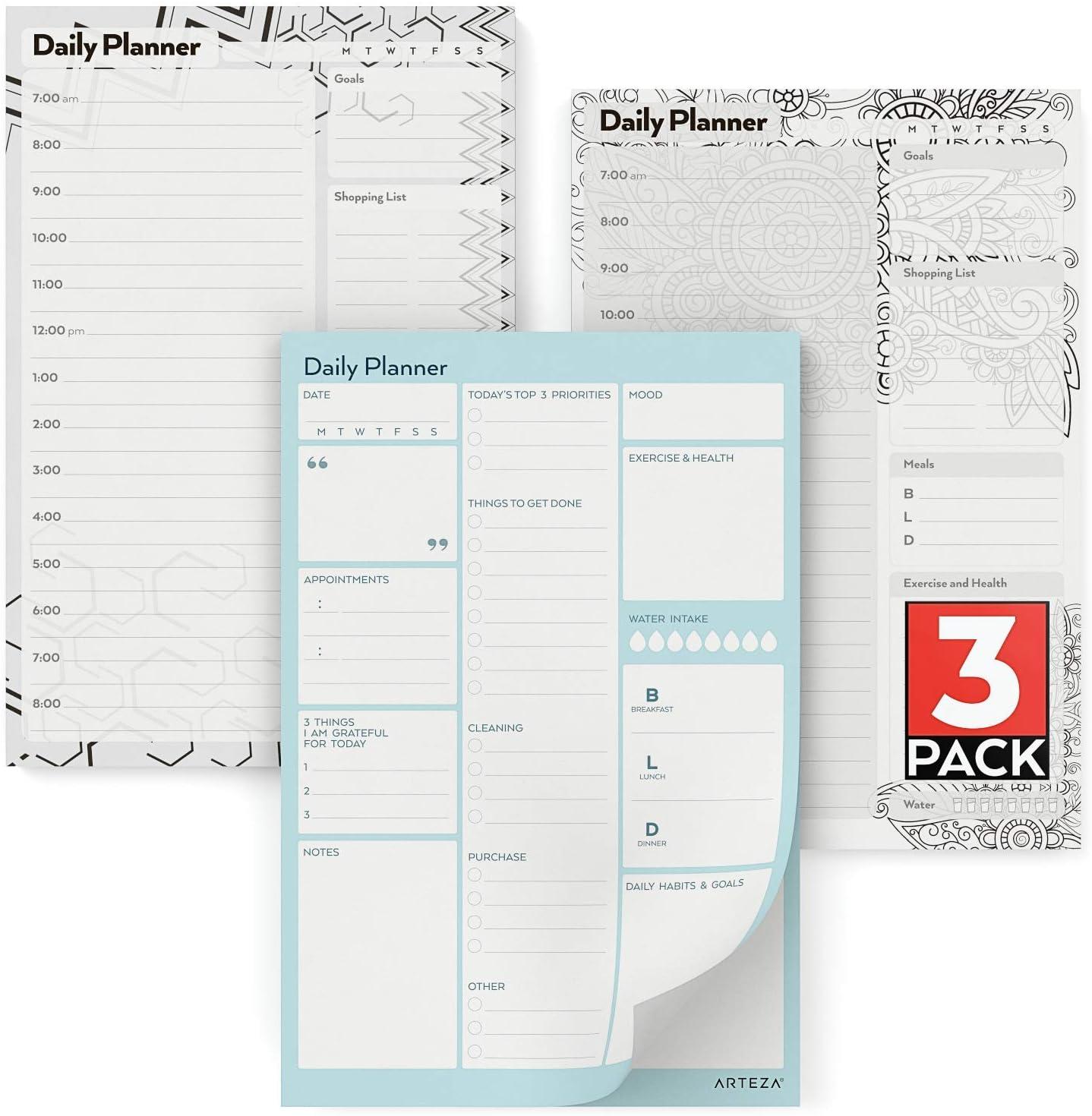 Arteza Daily Planner (6×9 in, 80 Sheets, 100 GSM) 3 Pack: a Daily to-Do List Planner for Priorities, Meals, Tasks, Calendar Appointments, Exercise, Events, Reminders, Thought for The Day