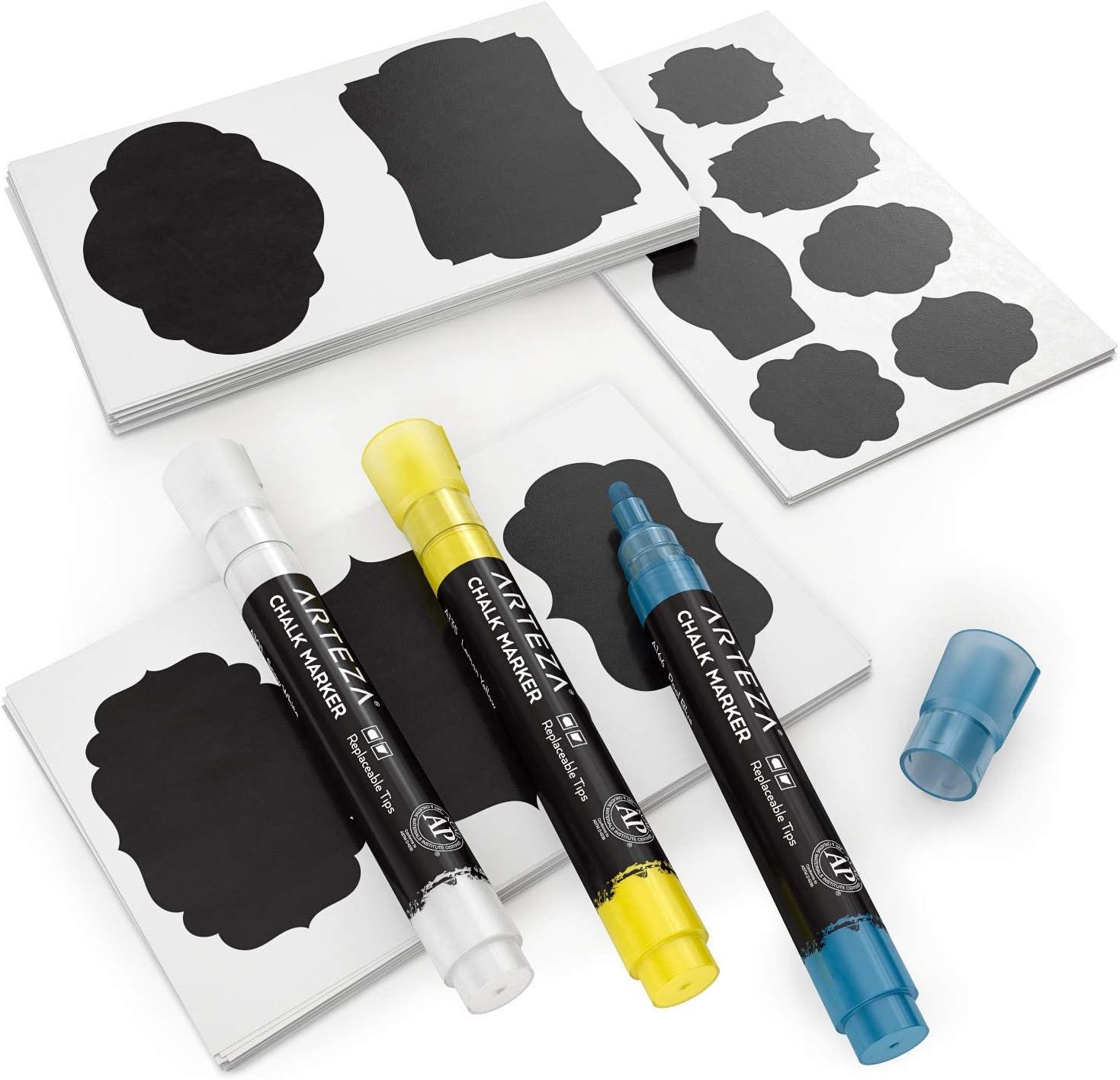 Arteza 150 Chalkboard Labels + 3 White Chalk Markers – Removable Chalk Labels for Jars – Waterproof Mason Jar Stickers(3 Colors)