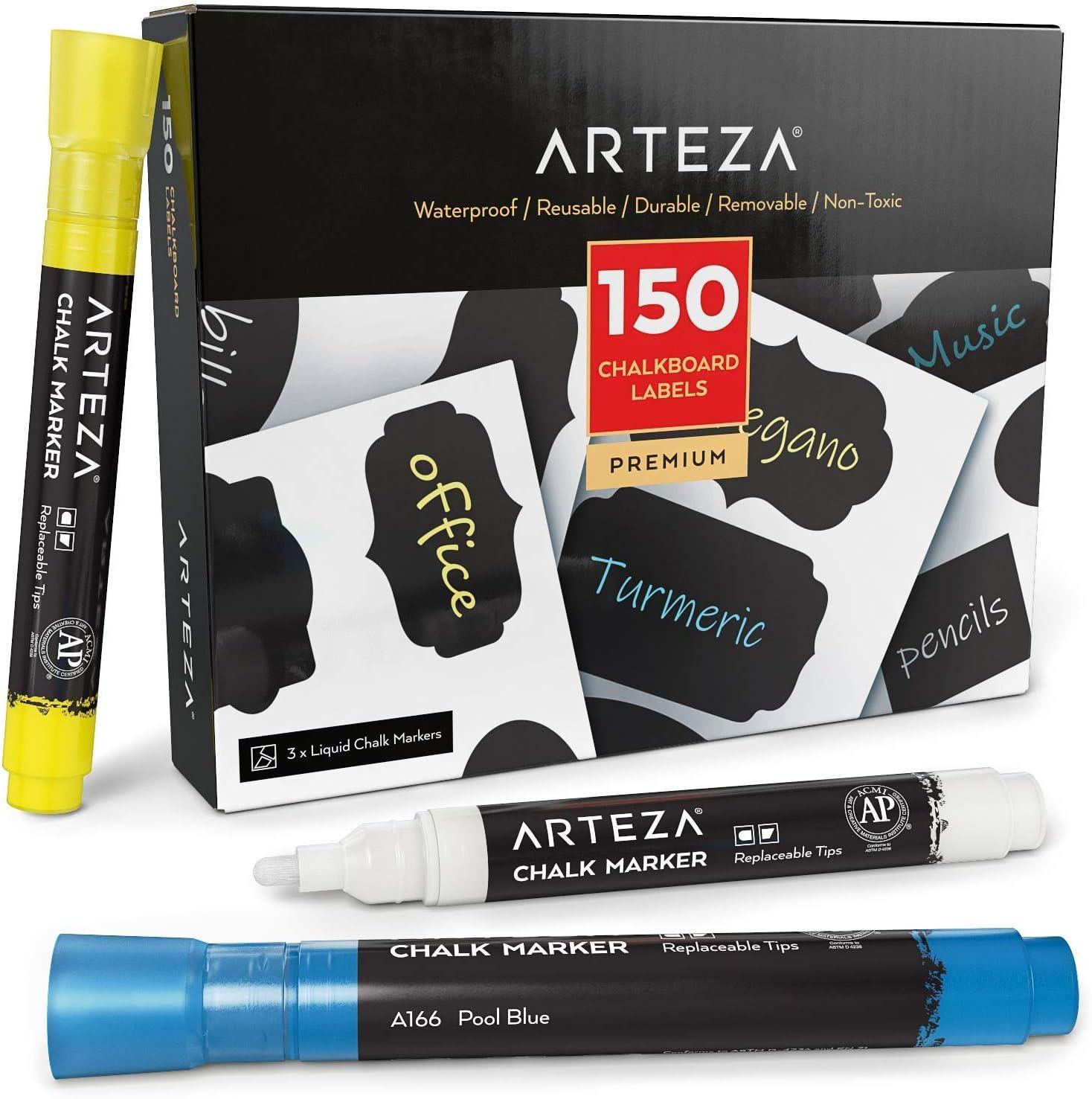 Arteza 150 Chalkboard Labels + 3 White Chalk Markers – Removable Chalk Labels for Jars – Waterproof Mason Jar Stickers(3 Colors)