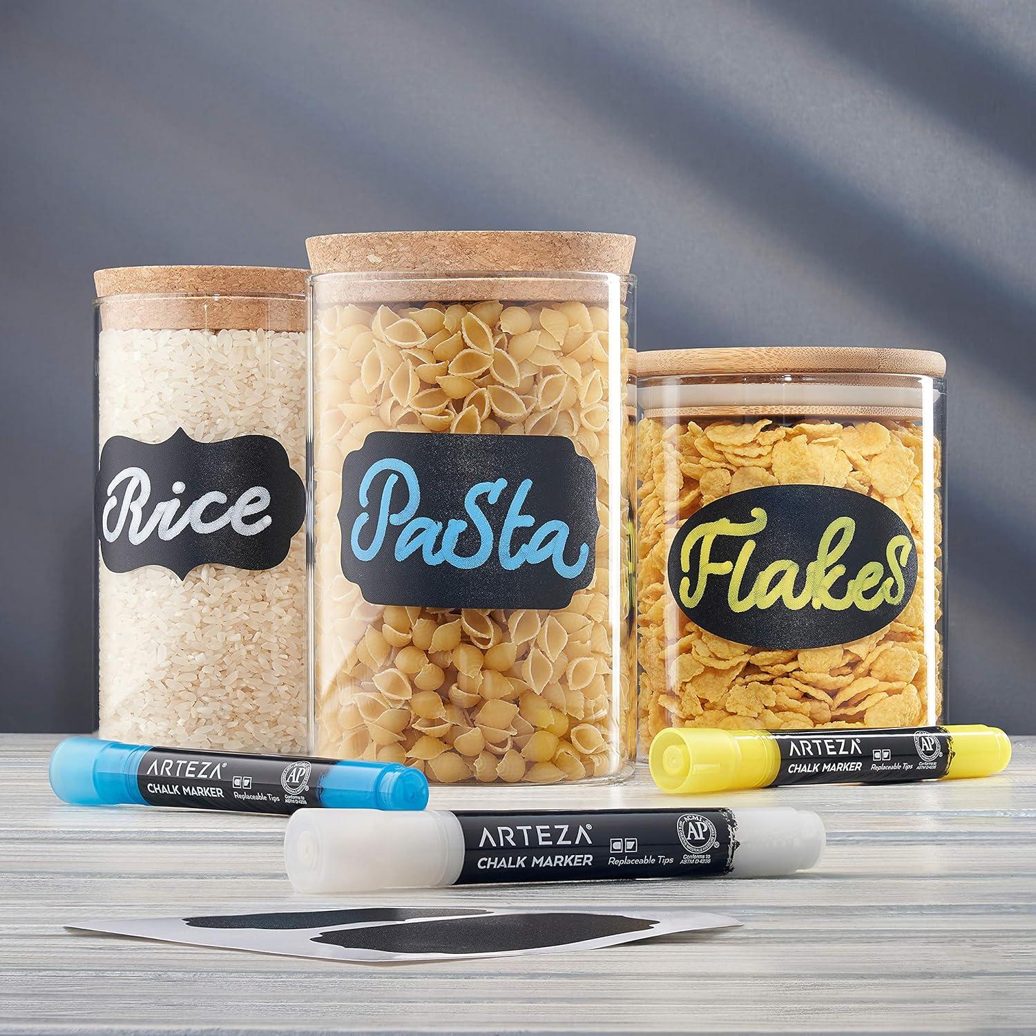 Arteza 150 Chalkboard Labels + 3 White Chalk Markers – Removable Chalk Labels for Jars – Waterproof Mason Jar Stickers(3 Colors)