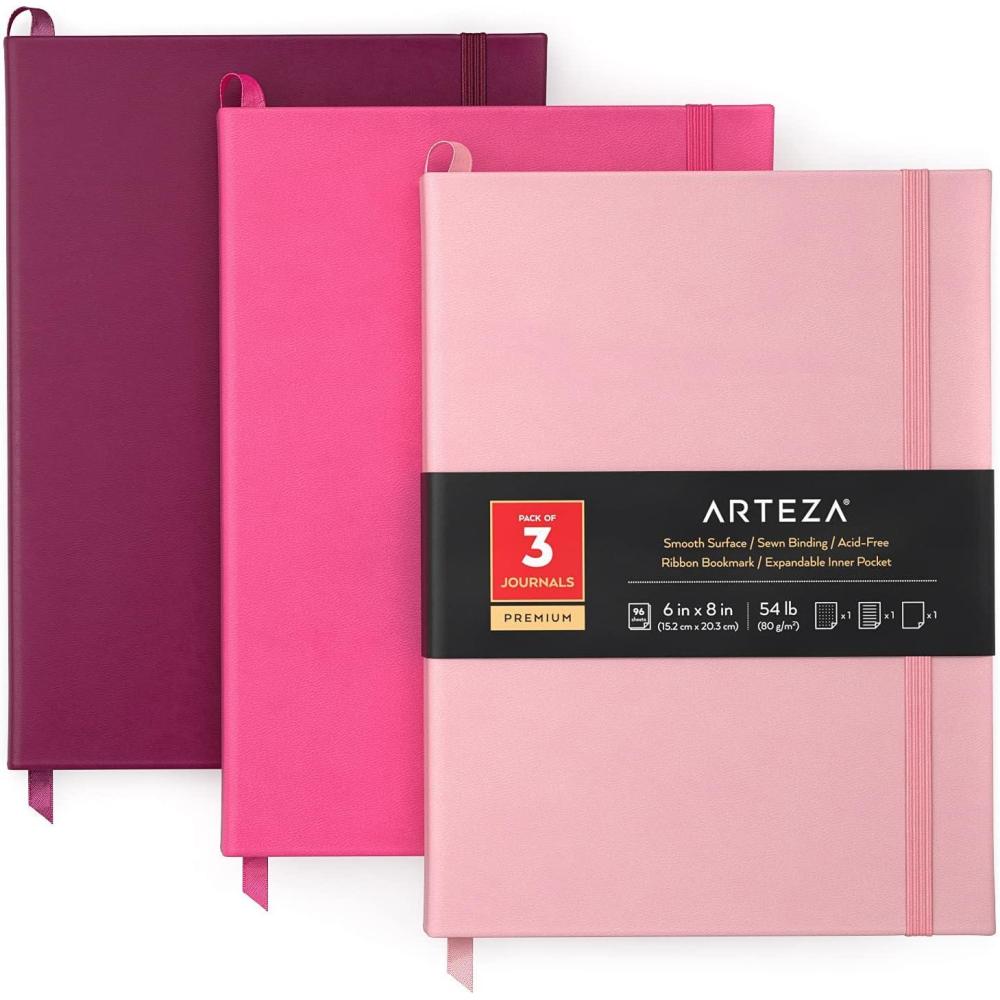 ARTEZA Journals, Pack of 3, 6×8 inch, 96 Sheets, Light Pink, Dark Pink, and Maroon, Hardcover Notebooks with Smooth Lined, Blank and Dotted Paper(Light Pink  Dark Pink & Maroon)