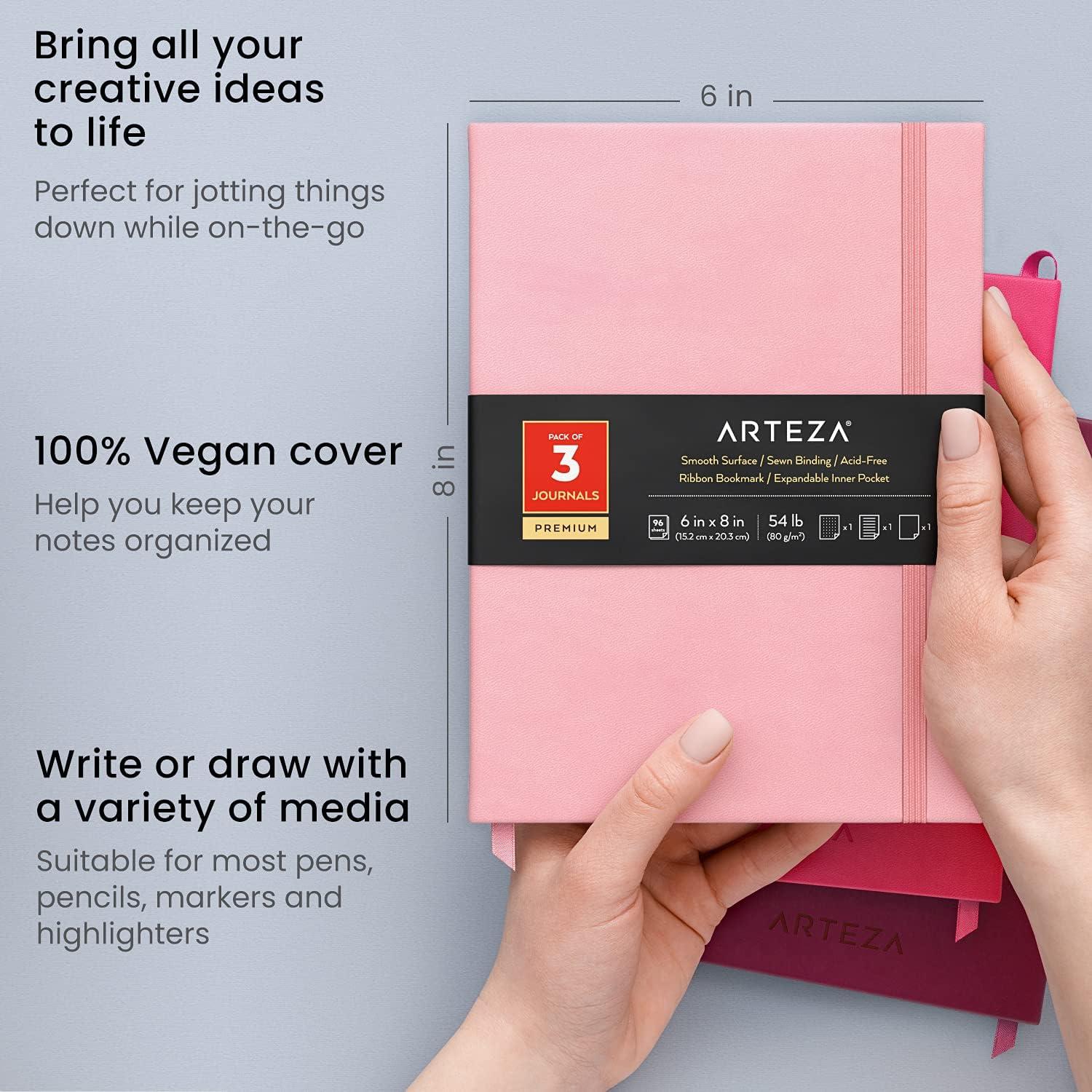 ARTEZA Journals, Pack of 3, 6×8 inch, 96 Sheets, Light Pink, Dark Pink, and Maroon, Hardcover Notebooks with Smooth Lined, Blank and Dotted Paper(Light Pink  Dark Pink & Maroon)