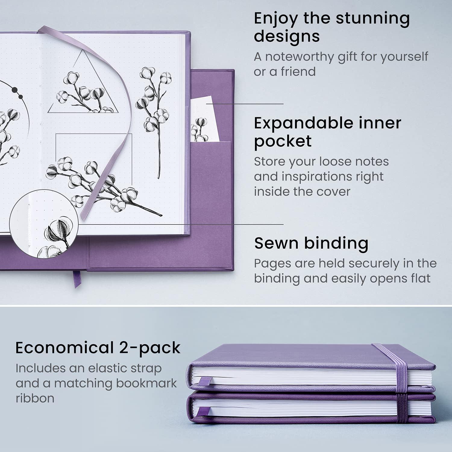 ARTEZA Dotted Journals, Pack of 2, 6×8 Inches, 96 Sheets, Cobalt Blue and Gray, Hardcover Notebooks with Smooth Paper(Lavender & Purple)