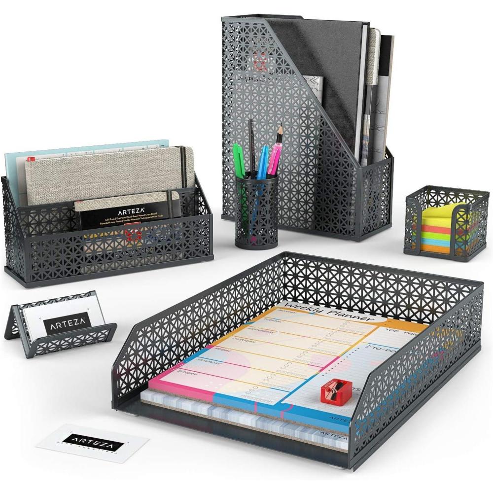ARTEZA 6-Piece Teal Desk Accessories Set, Essential Desktop Organizer for Home Office, Includes Paper Organizer, Pencil Holder, Letter Sorter & More, Teal Office Supplies(Dark Gray)