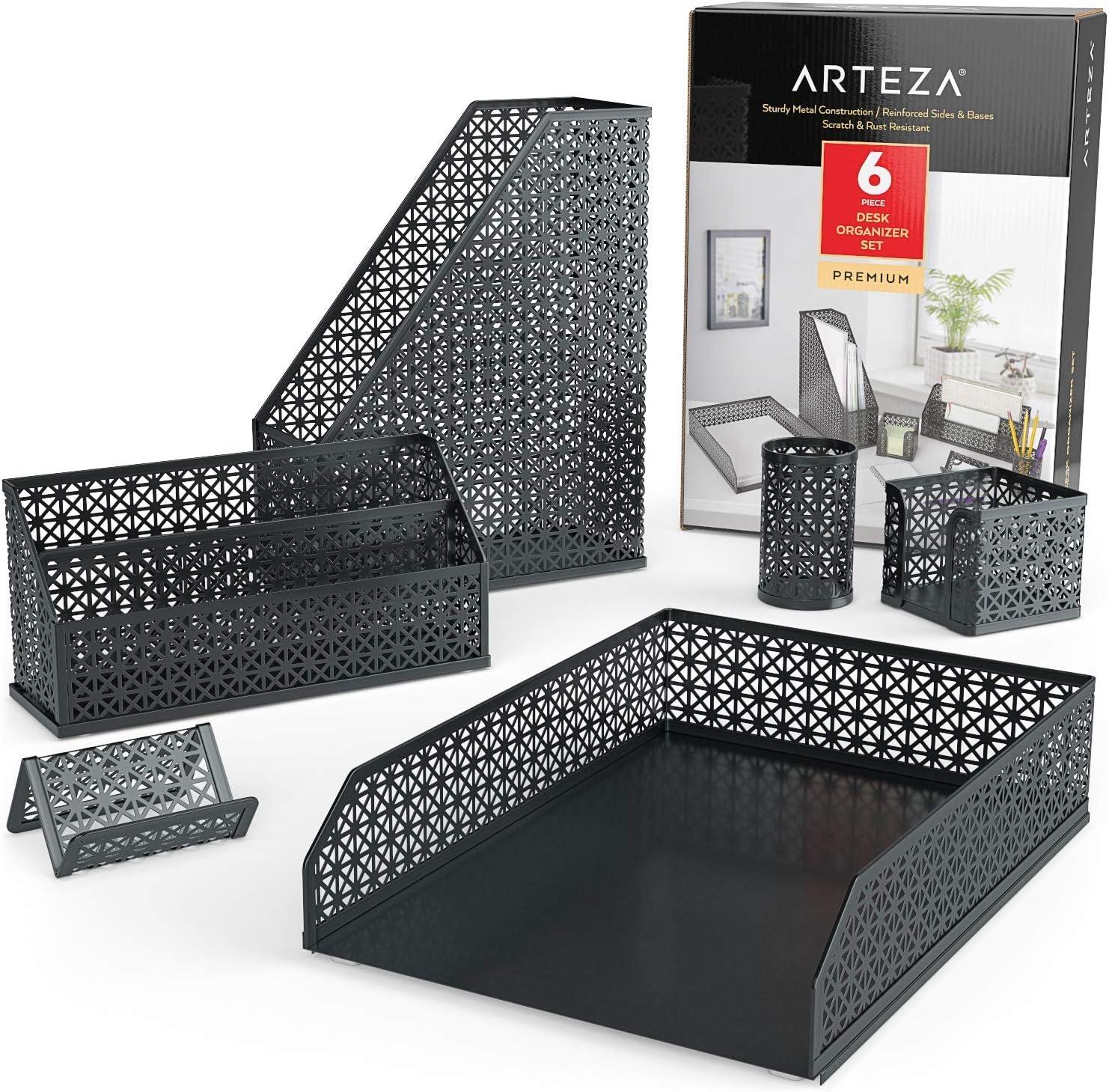 ARTEZA 6-Piece Teal Desk Accessories Set, Essential Desktop Organizer for Home Office, Includes Paper Organizer, Pencil Holder, Letter Sorter & More, Teal Office Supplies(Dark Gray)