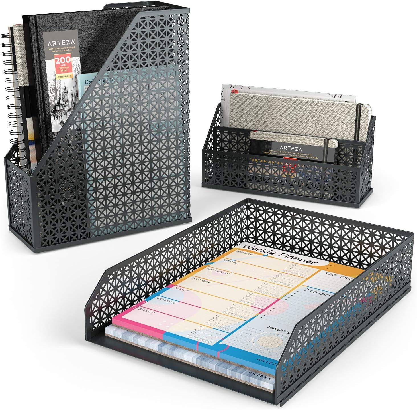 ARTEZA 6-Piece Teal Desk Accessories Set, Essential Desktop Organizer for Home Office, Includes Paper Organizer, Pencil Holder, Letter Sorter & More, Teal Office Supplies(Dark Gray)