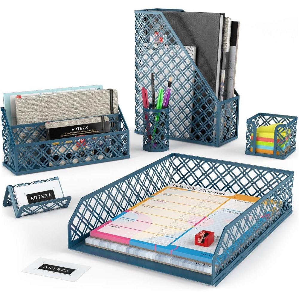 ARTEZA 6-Piece Teal Desk Accessories Set, Essential Desktop Organizer for Home Office, Includes Paper Organizer, Pencil Holder, Letter Sorter & More, Teal Office Supplies(Dark Green)