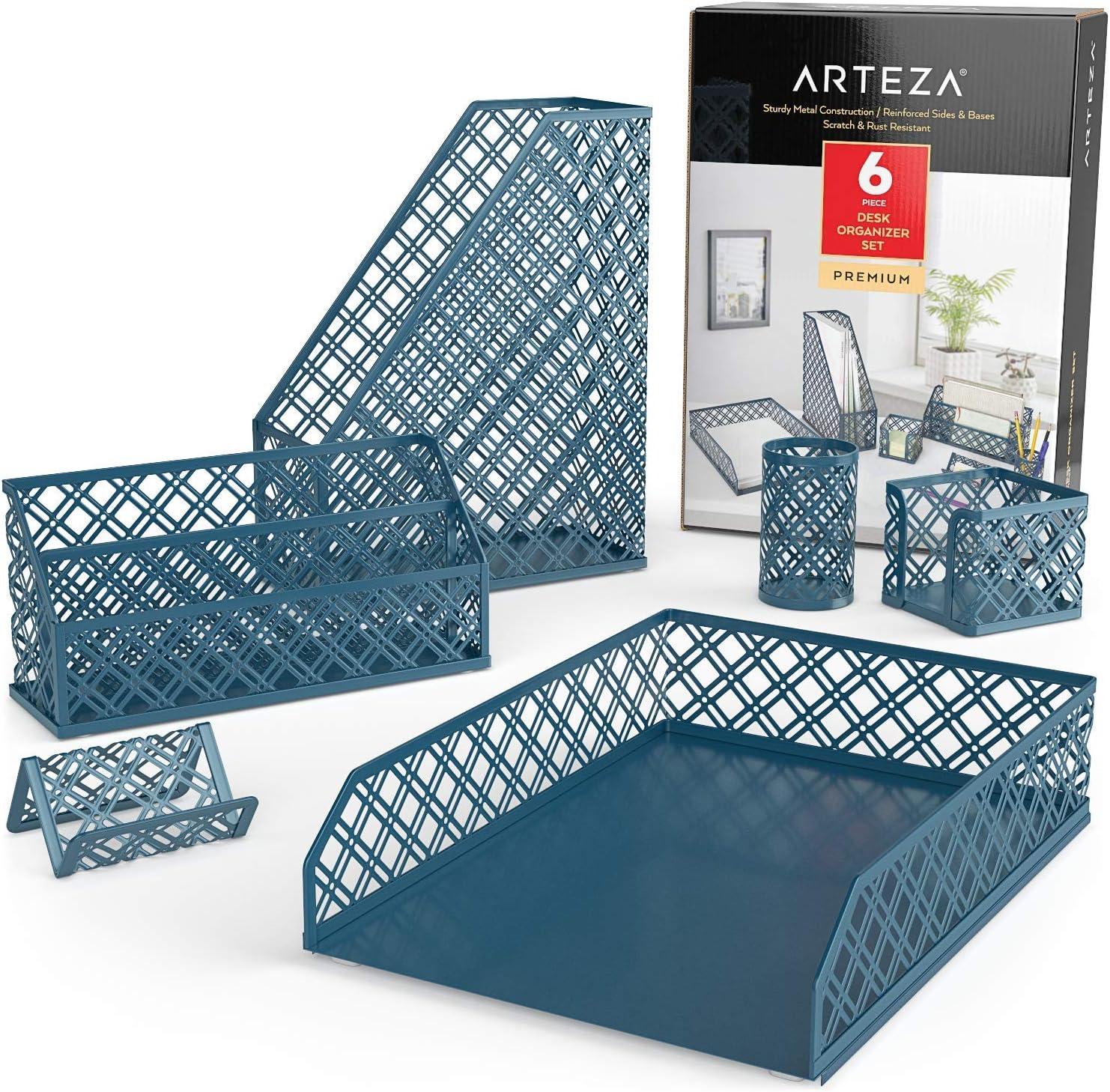 ARTEZA 6-Piece Teal Desk Accessories Set, Essential Desktop Organizer for Home Office, Includes Paper Organizer, Pencil Holder, Letter Sorter & More, Teal Office Supplies(Dark Green)