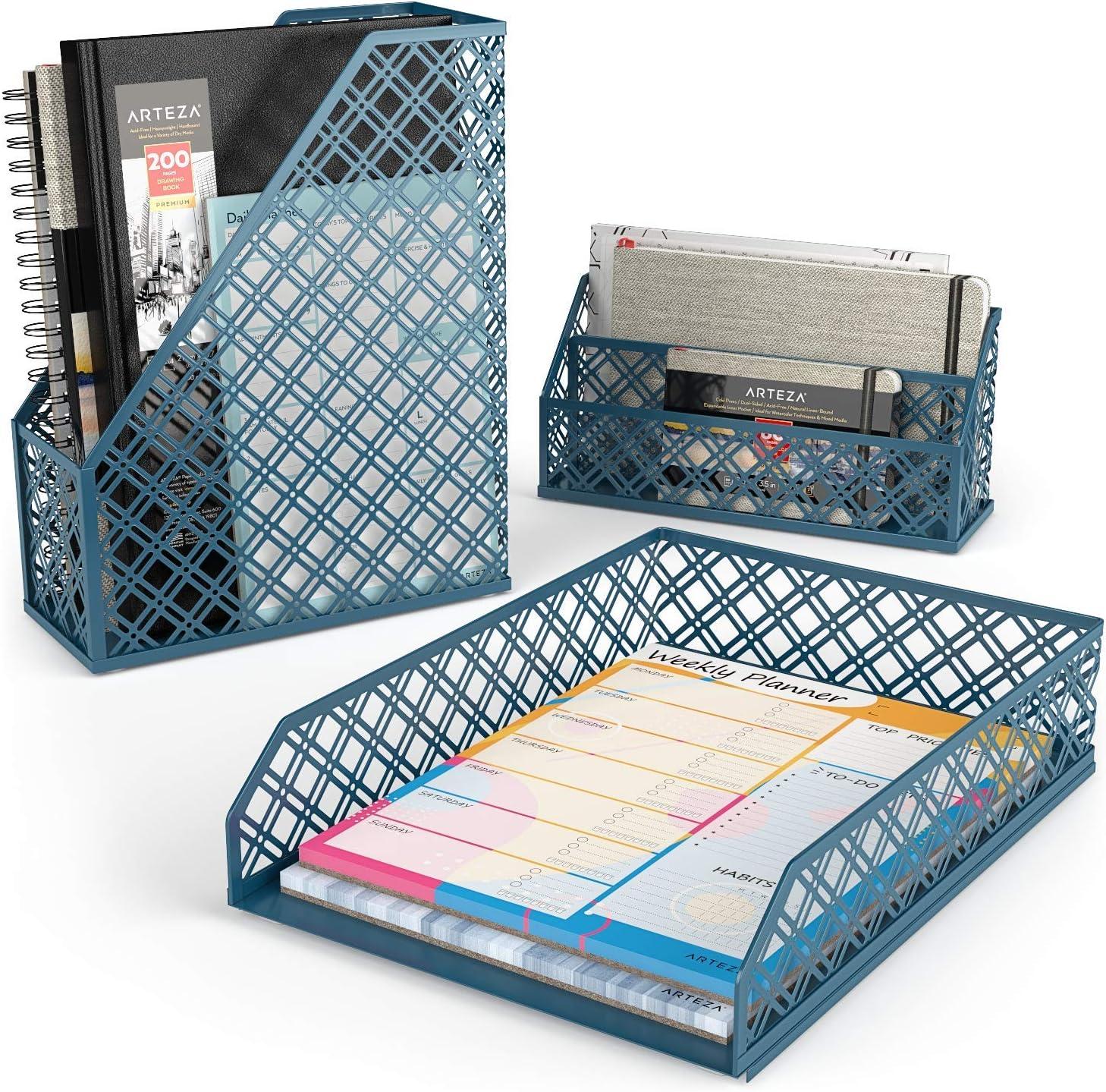 ARTEZA 6-Piece Teal Desk Accessories Set, Essential Desktop Organizer for Home Office, Includes Paper Organizer, Pencil Holder, Letter Sorter & More, Teal Office Supplies(Dark Green)
