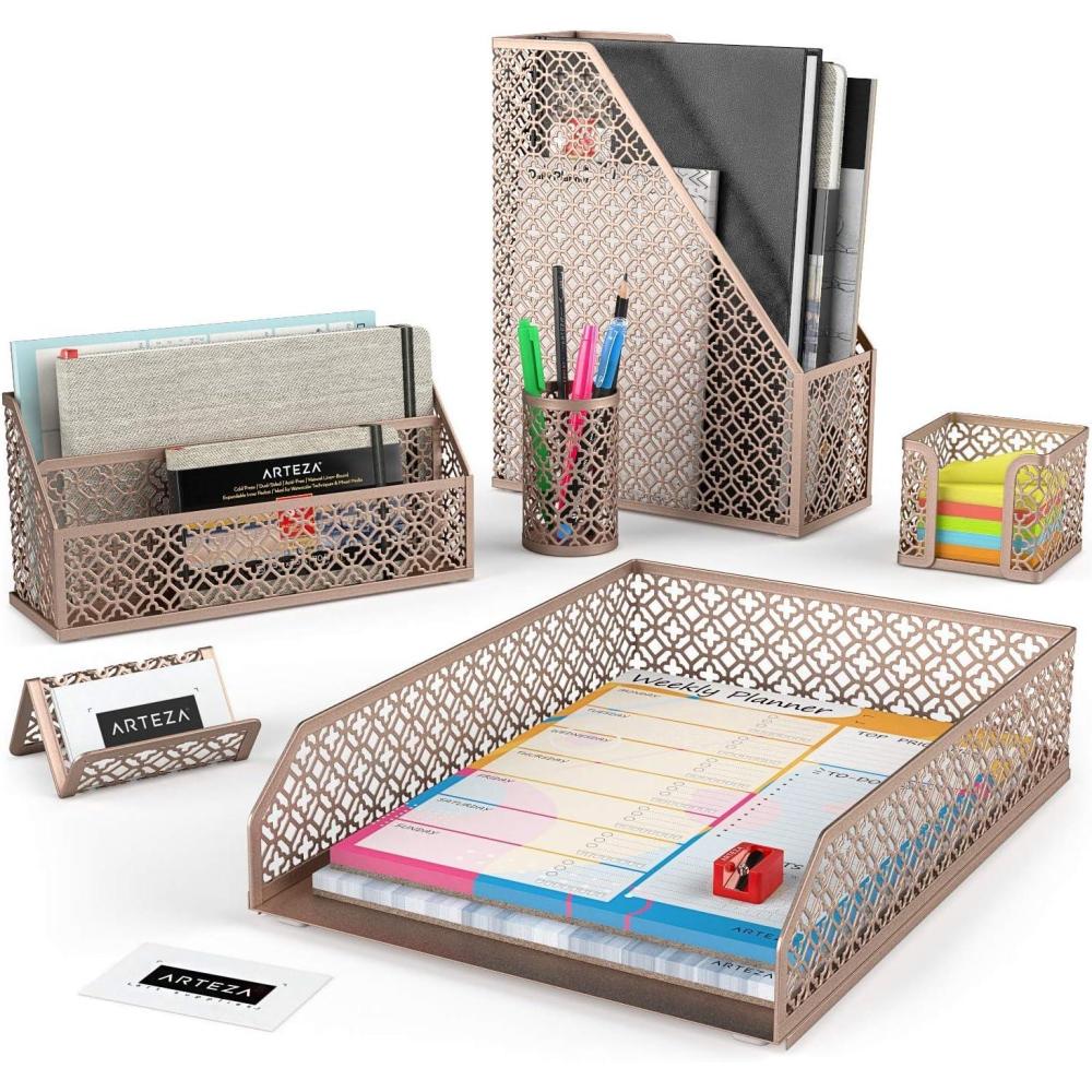 ARTEZA 6-Piece Teal Desk Accessories Set, Essential Desktop Organizer for Home Office, Includes Paper Organizer, Pencil Holder, Letter Sorter & More, Teal Office Supplies(Rose Gold)