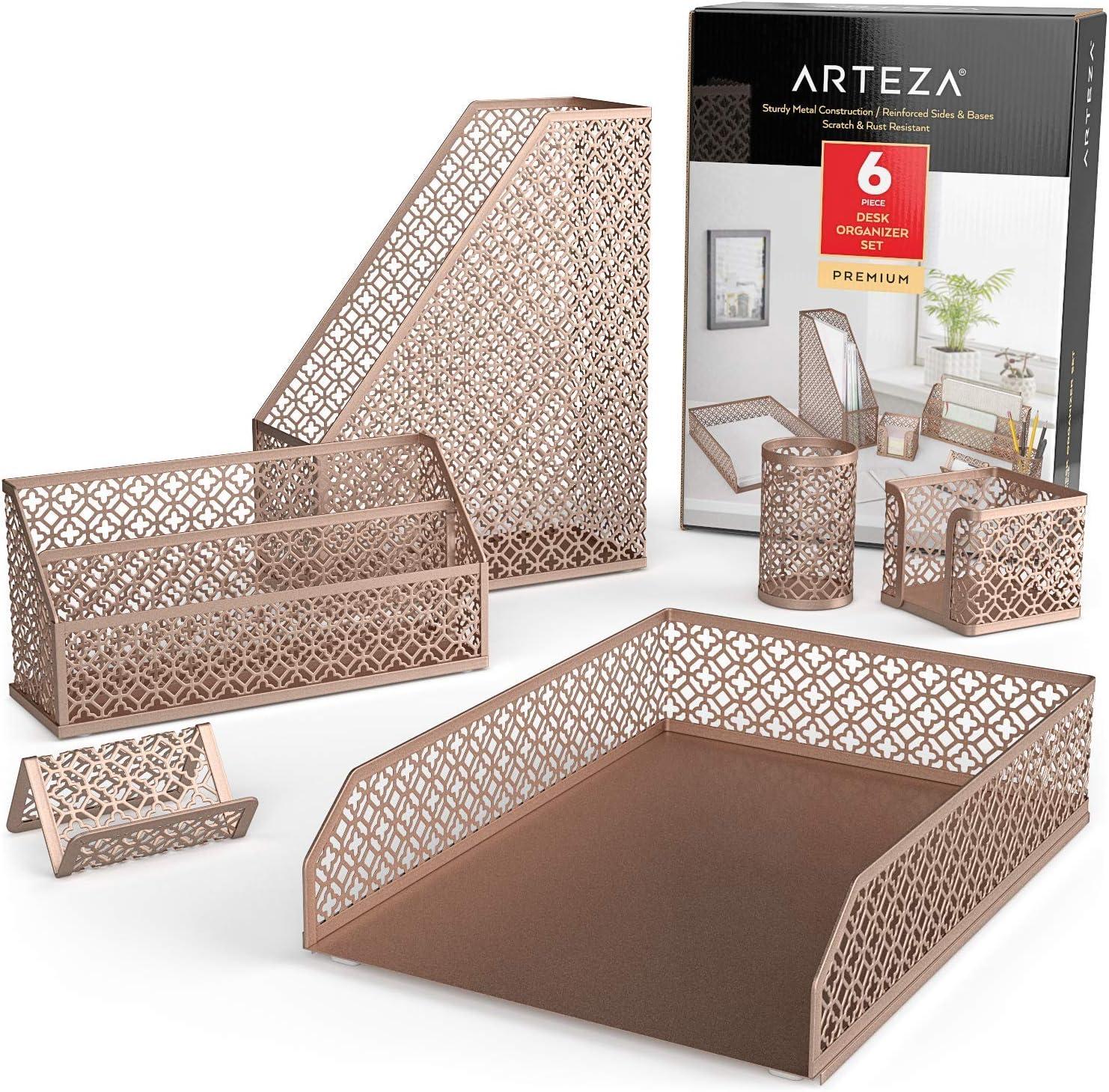ARTEZA 6-Piece Teal Desk Accessories Set, Essential Desktop Organizer for Home Office, Includes Paper Organizer, Pencil Holder, Letter Sorter & More, Teal Office Supplies(Rose Gold)