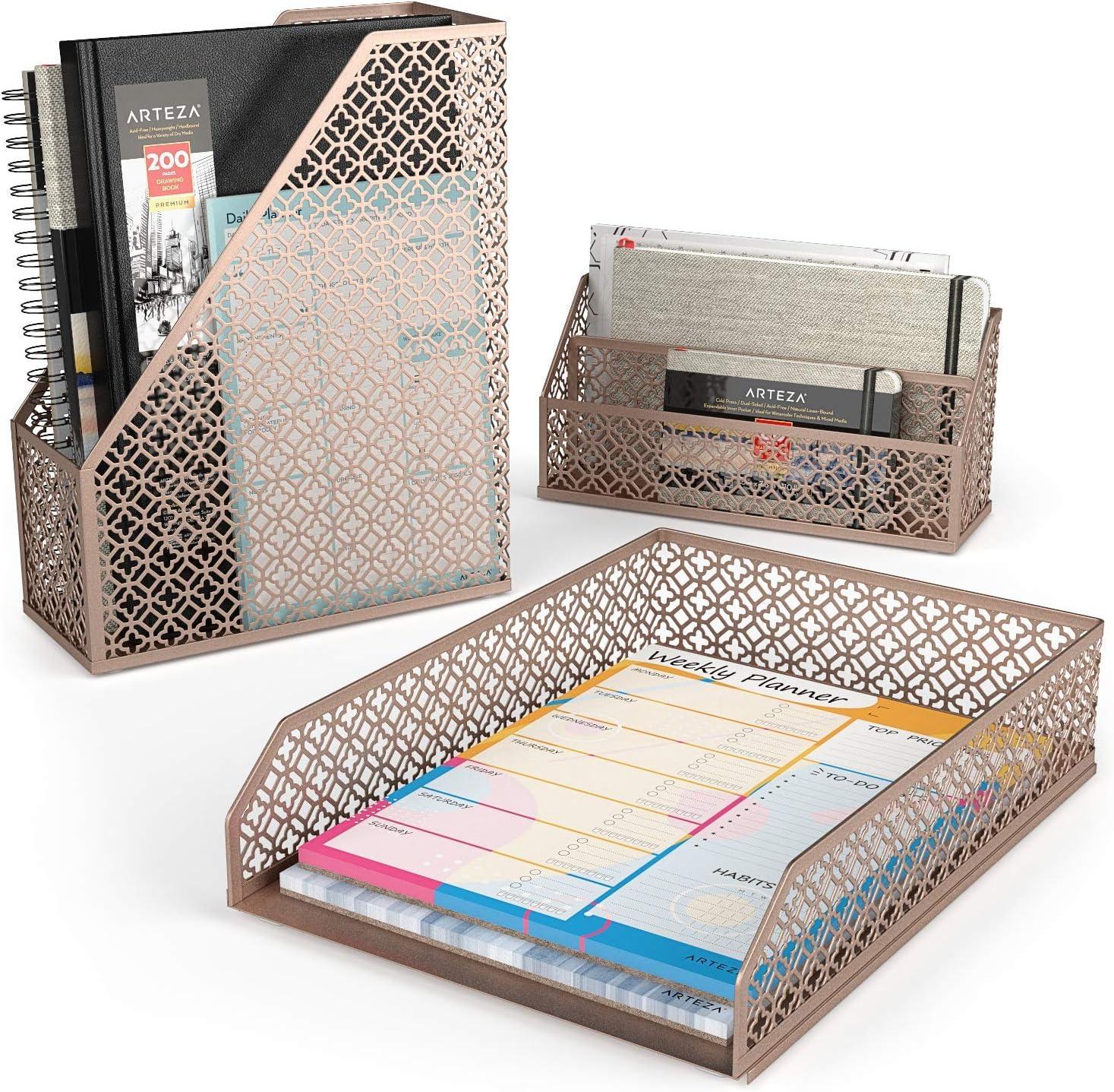 ARTEZA 6-Piece Teal Desk Accessories Set, Essential Desktop Organizer for Home Office, Includes Paper Organizer, Pencil Holder, Letter Sorter & More, Teal Office Supplies(Rose Gold)