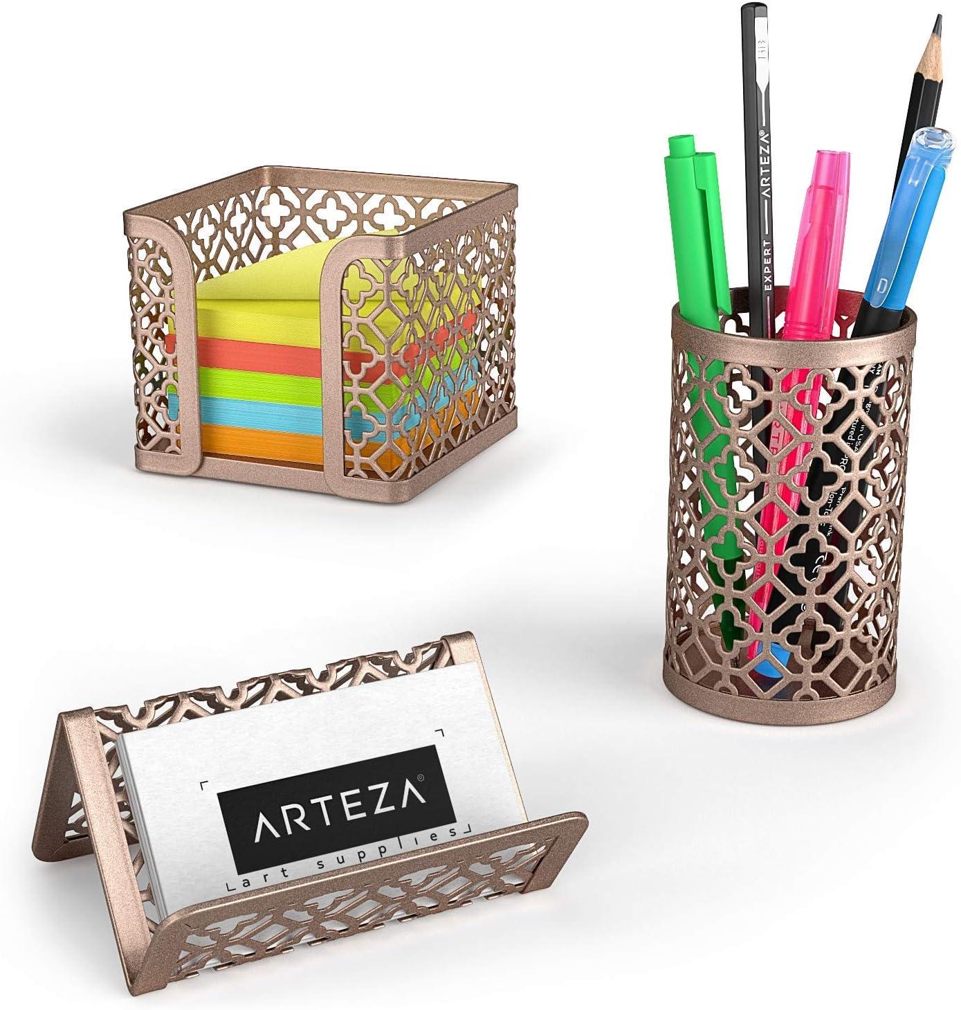 ARTEZA 6-Piece Teal Desk Accessories Set, Essential Desktop Organizer for Home Office, Includes Paper Organizer, Pencil Holder, Letter Sorter & More, Teal Office Supplies(Rose Gold)