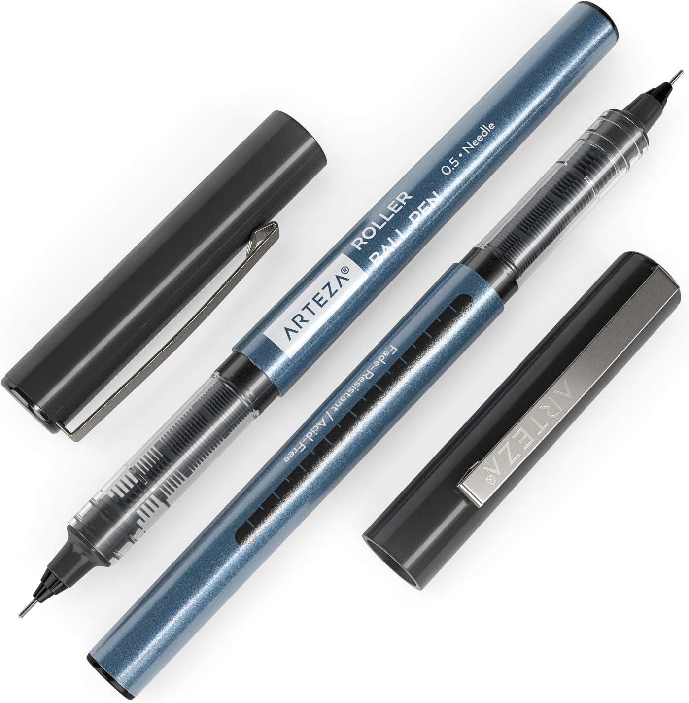 ARTEZA Rollerball Pens Fine Point, Set of 20 Blue Liquid Ink, Extra Fine 0.5 mm Needle Tip Pen, Make Precise Lines, Office Supplies for Writing, Notetaking, and Drawing(Black)