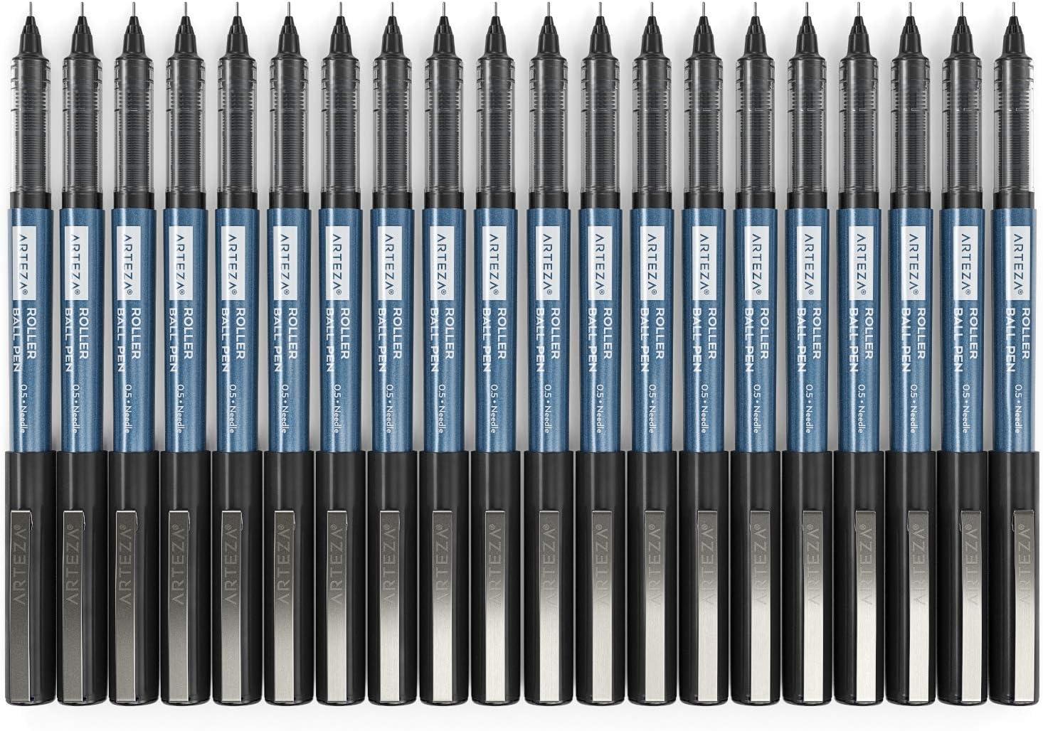 ARTEZA Rollerball Pens Fine Point, Set of 20 Blue Liquid Ink, Extra Fine 0.5 mm Needle Tip Pen, Make Precise Lines, Office Supplies for Writing, Notetaking, and Drawing(Black)